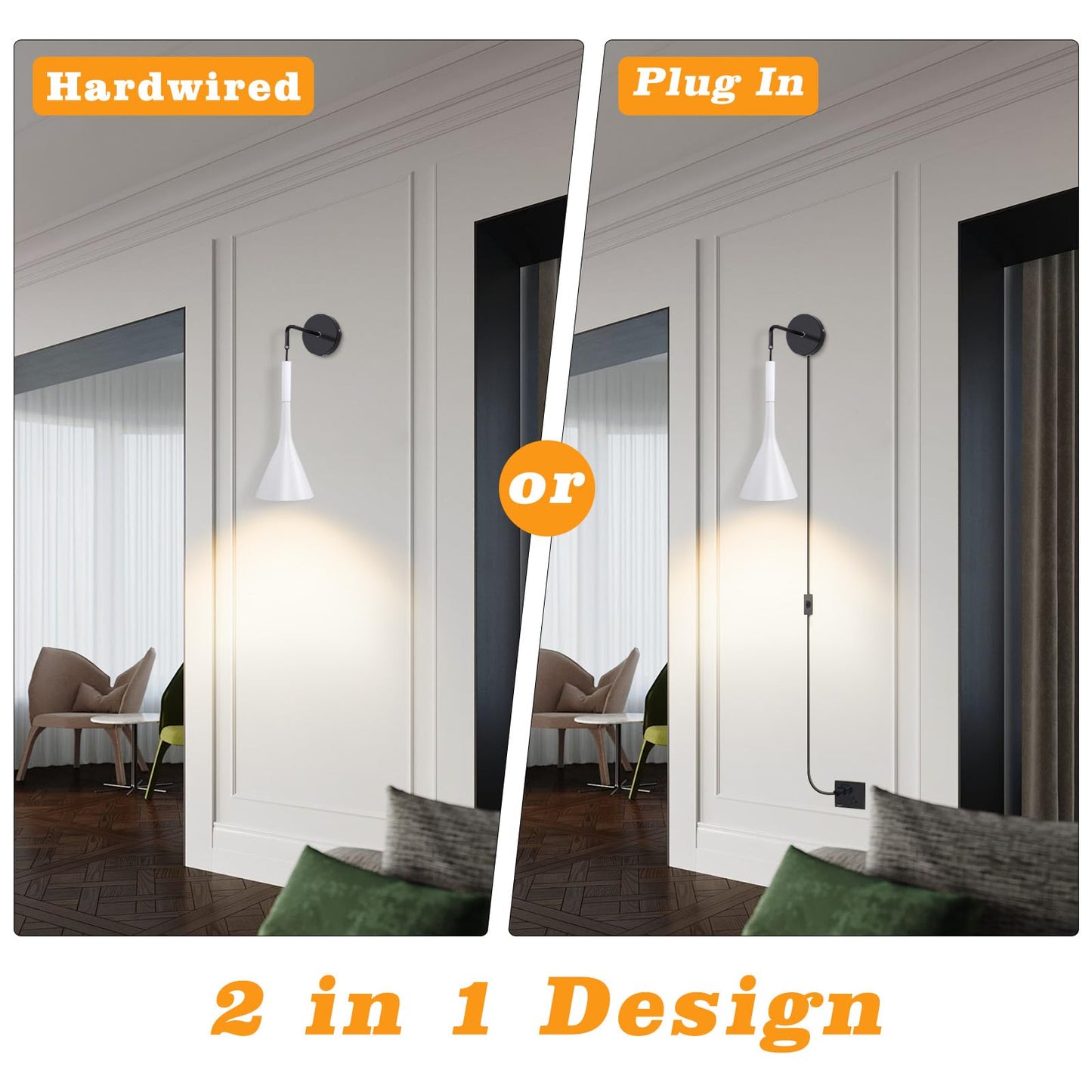 Kawell Plug in Wall Lamp with Cord Modern Hanging Wall Light Fixture Indoor Hardwired Wall Sconce Adjustable Hanging Height for Bedside Living Room Study, White