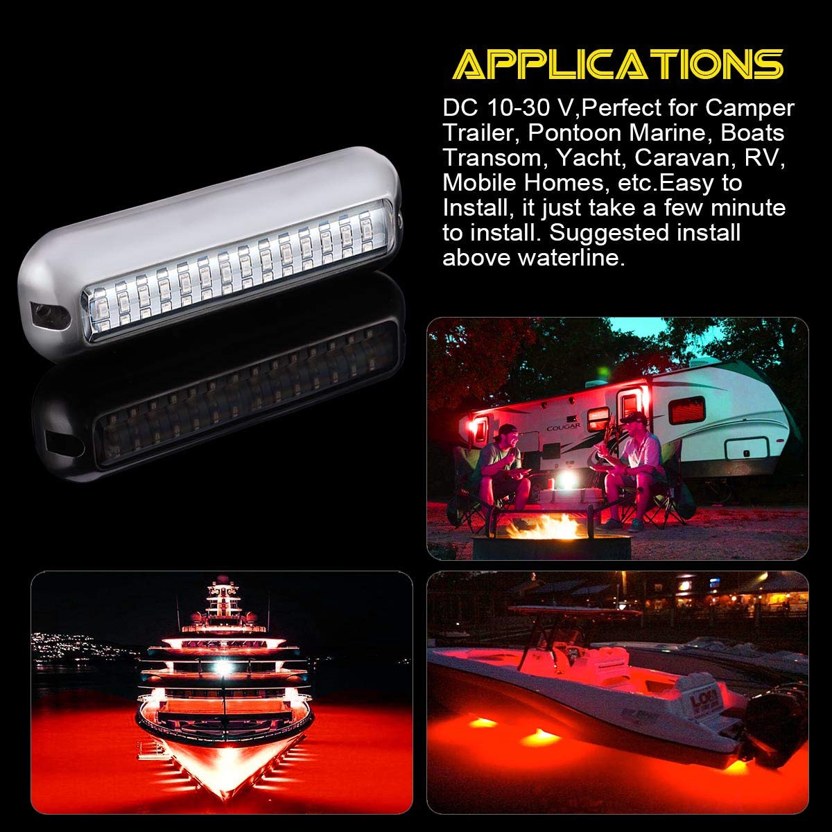Kawell 42 LED Boat Lights Waterproof IP68 Stainless Steel Underwater Pontoon Marine Light Stern Boat Navigation Lights Drain Fish Boat Transom Lights(Red)