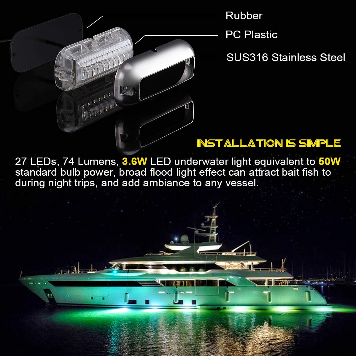 Kawell 27 LED LED Underwater Boat Yacht Lights Waterproof IP68 SUS316 Stainless Steel Pontoon Marine Transom Lights for Swiming Driving Fishing 2pcs Green Lights