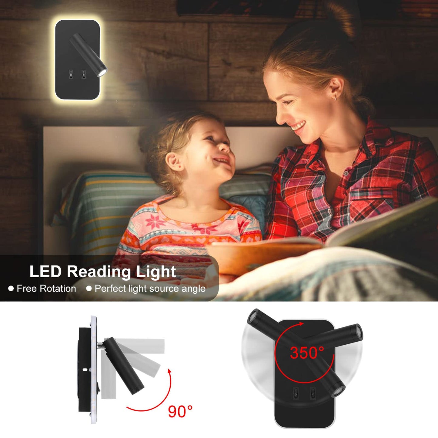 Kawell Modern 2 in 1 8W LED Wall Sconces Indoor LED Wall Light with Switch 350 Swivel 3W LED Reading Wall Spotlight LED Wall Lamp for Bedroom Bedside Living Room Study Room, Black 3000K