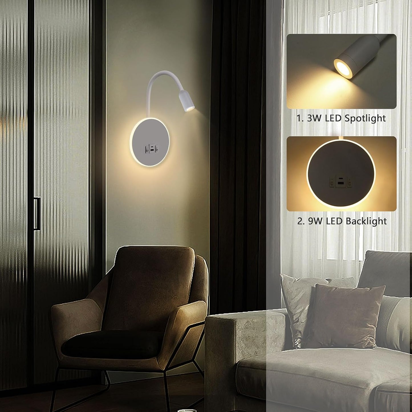 Kawell 9W LED Wall Sconce with USB & Type-C Ports 3W Wall Mounted Reading Light with Switch Hardwired Rotatable Spotlight Indoor for Bedroom Study Living Room, White(Warm White)