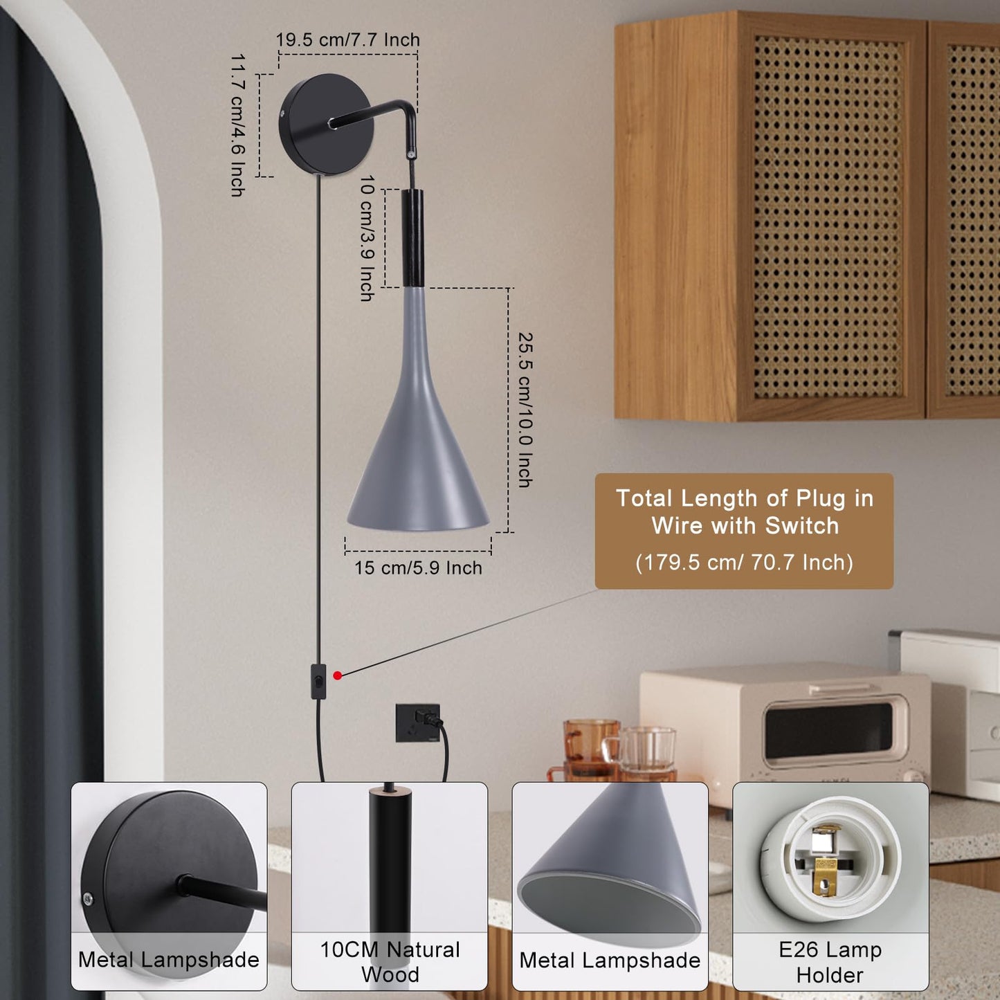 Kawell Plug in Wall Lamp with Cord Modern Hanging Wall Light Fixture Indoor Hardwired Wall Sconce Adjustable Hanging Height for Bedside Living Room Study, Grey