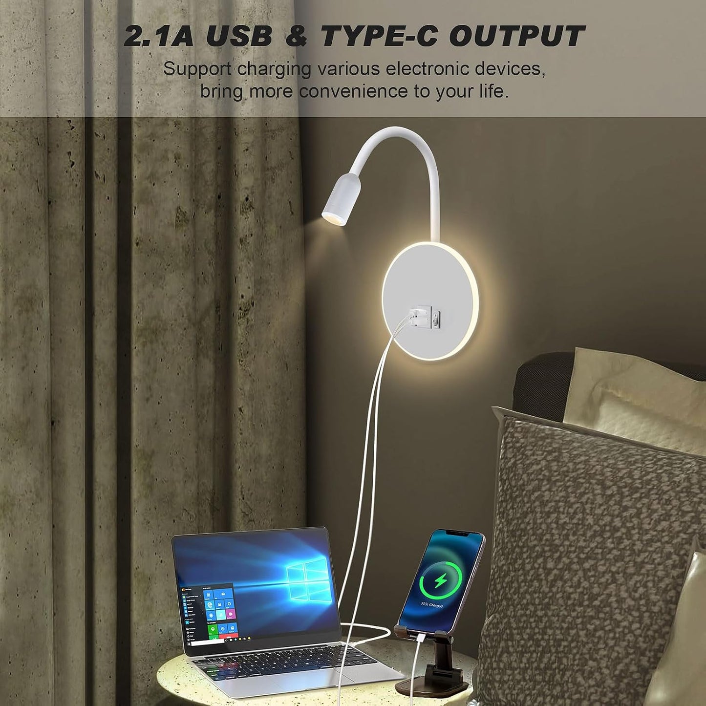 Kawell 9W LED Wall Sconce with USB & Type-C Ports 3W Wall Mounted Reading Light with Switch Hardwired Rotatable Spotlight Indoor for Bedroom Study Living Room, White(Warm White)