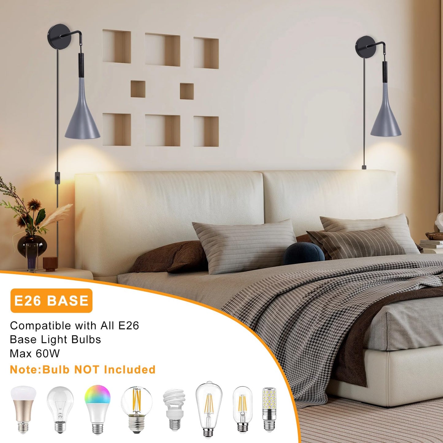 Kawell Plug in Wall Lamp with Cord Modern Hanging Wall Light Fixture Indoor Hardwired Wall Sconce Adjustable Hanging Height for Bedside Living Room Study, Grey