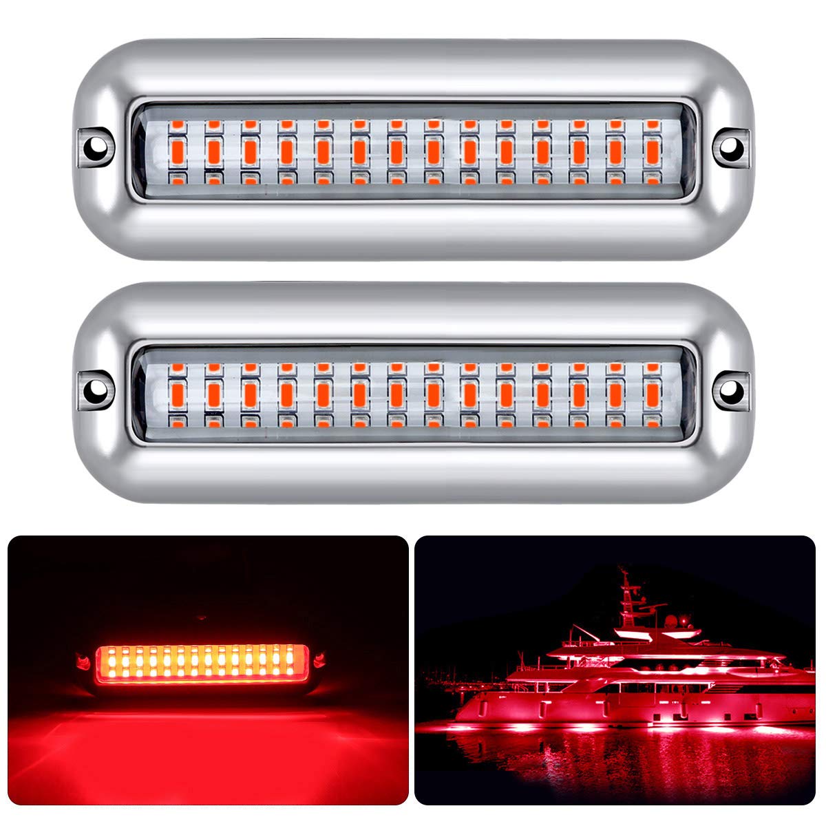 Kawell 42 LED Boat Lights Waterproof IP68 Stainless Steel Underwater Pontoon Marine Light Stern Boat Navigation Lights Drain Fish Boat Transom Lights(Red 2pcs)