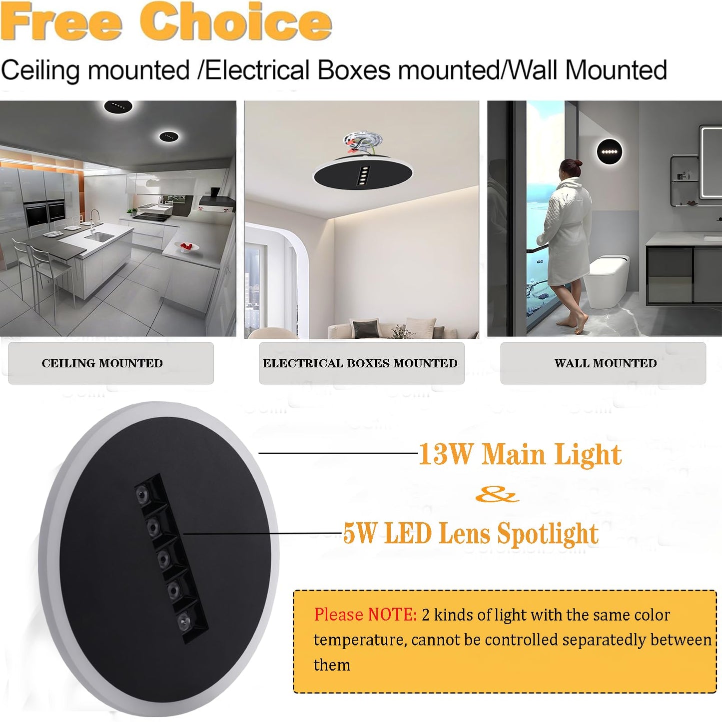 Kawell Creative 13W Close to Ceiling Light with 5W Spotlight 9.4 Inch LED Ceiling Light Hardwired Acrylic LED Ceiling Lamp Indoor for Hallway Bedroom Study Living Room, Black(Cold White)