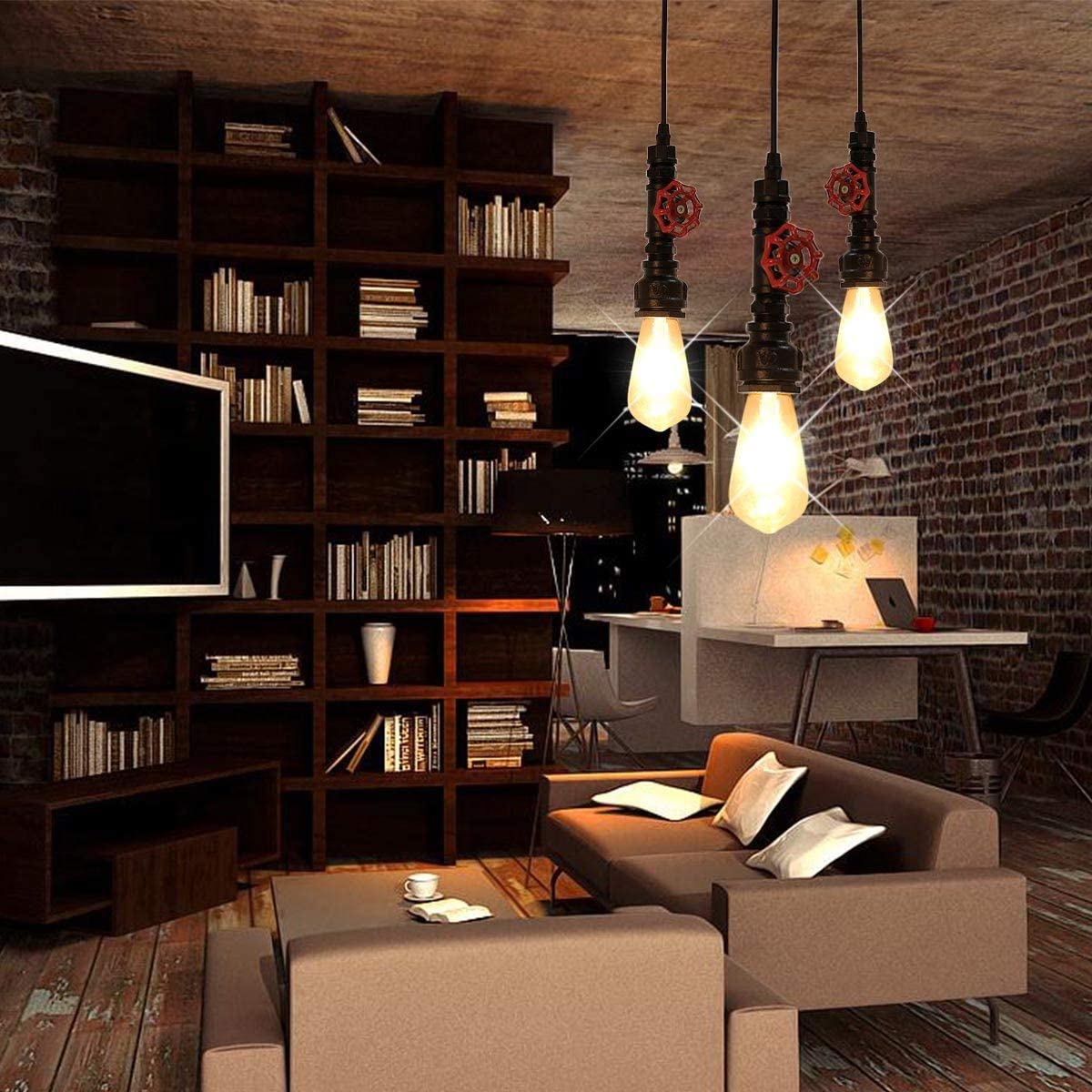 Kawell Vintage Pendant Light Fixtures Industrial Retro Ceiling Chandelier Creative Water Pipe Hanging Light Fixtures Art Deco Iron E26 60W Max for Bedroom Cafe Bar Restaurant Kitchen, Black Color