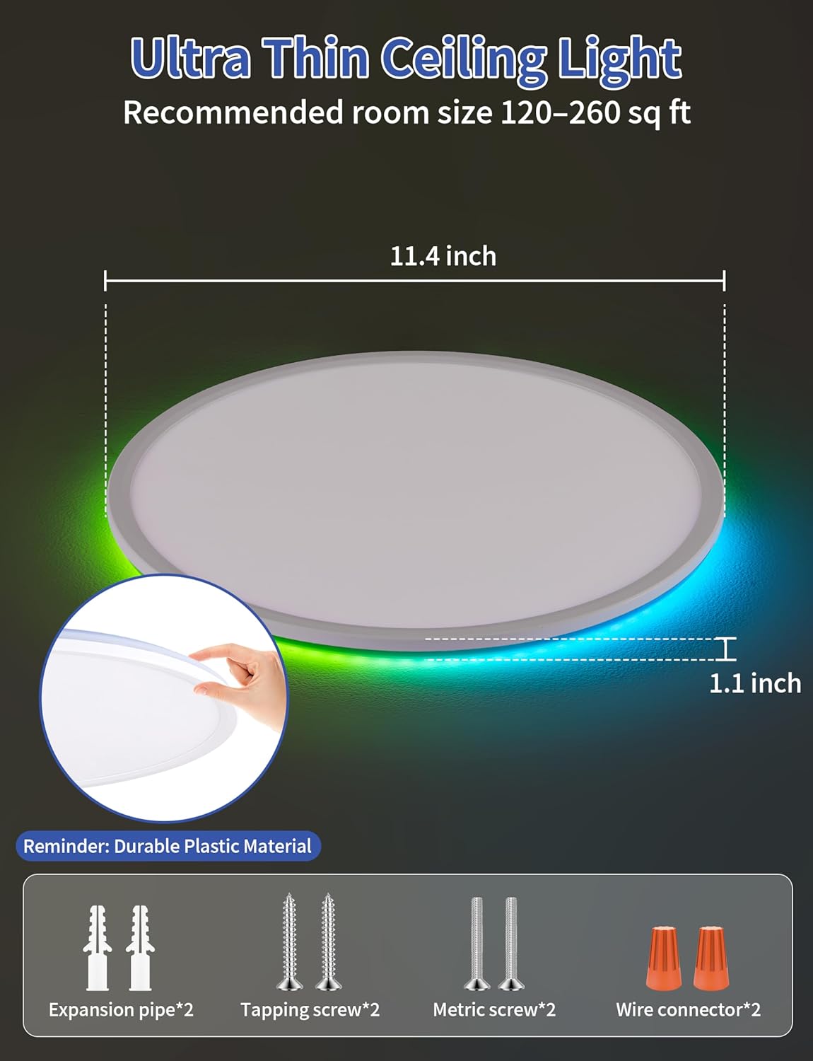 KAWELL Smart RGB LED Ceiling Light – 11 Inch, 24W 2400LM, 3000K–6500K, DIY Colors, Remote Control, Timer, Flush Mount