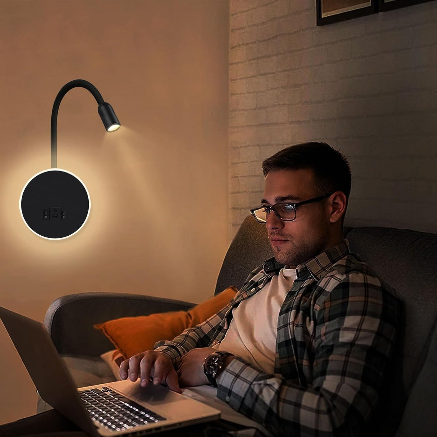Kawell 9W LED Wall Sconce with USB & Type-C Ports 3W Wall Mounted Reading Light with Switch Hardwired Rotatable Spotlight Indoor for Bedroom Study Living Room, Black(Warm White)