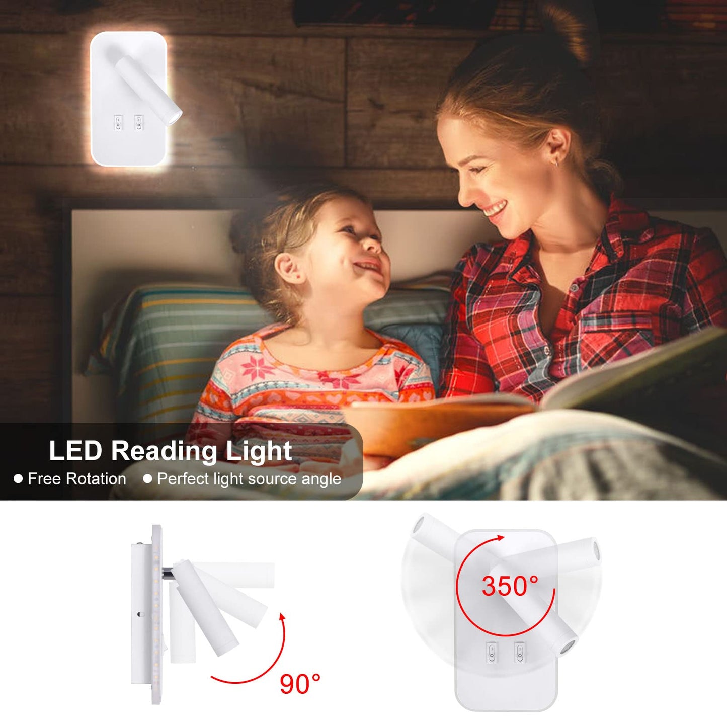 Kawell 2 in 1 8W Modern LED Wall Sconces Indoor LED Wall Light with Switch 350° Swivel 3W LED Reading Wall Spotlight LED Wall Lamp for Bedroom Bedside Living Room Study Room, White 6000K