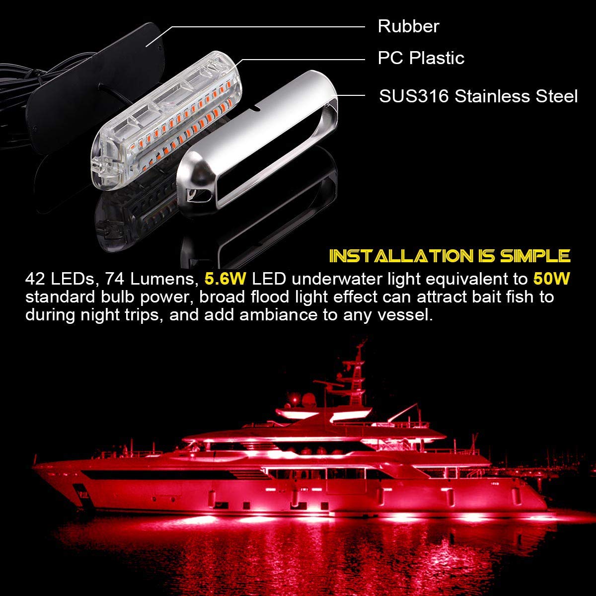 Kawell 42 LED Boat Lights Waterproof IP68 Stainless Steel Underwater Pontoon Marine Light Stern Boat Navigation Lights Drain Fish Boat Transom Lights(Red 2pcs)