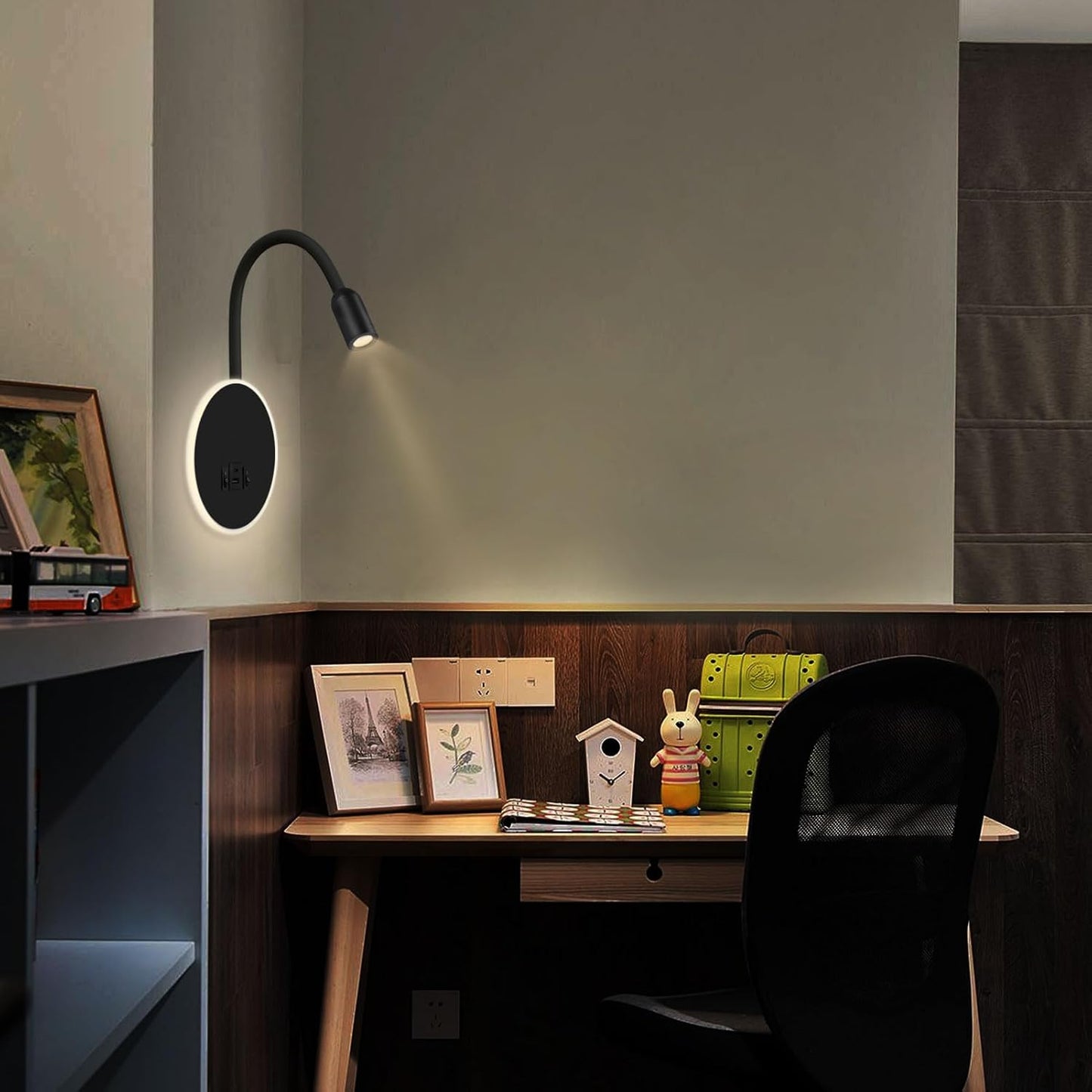 Kawell 9W LED Wall Sconce with USB & Type-C Ports 3W Wall Mounted Reading Light with Switch Hardwired Rotatable Spotlight Indoor for Bedroom Study Living Room, Black(Warm White)