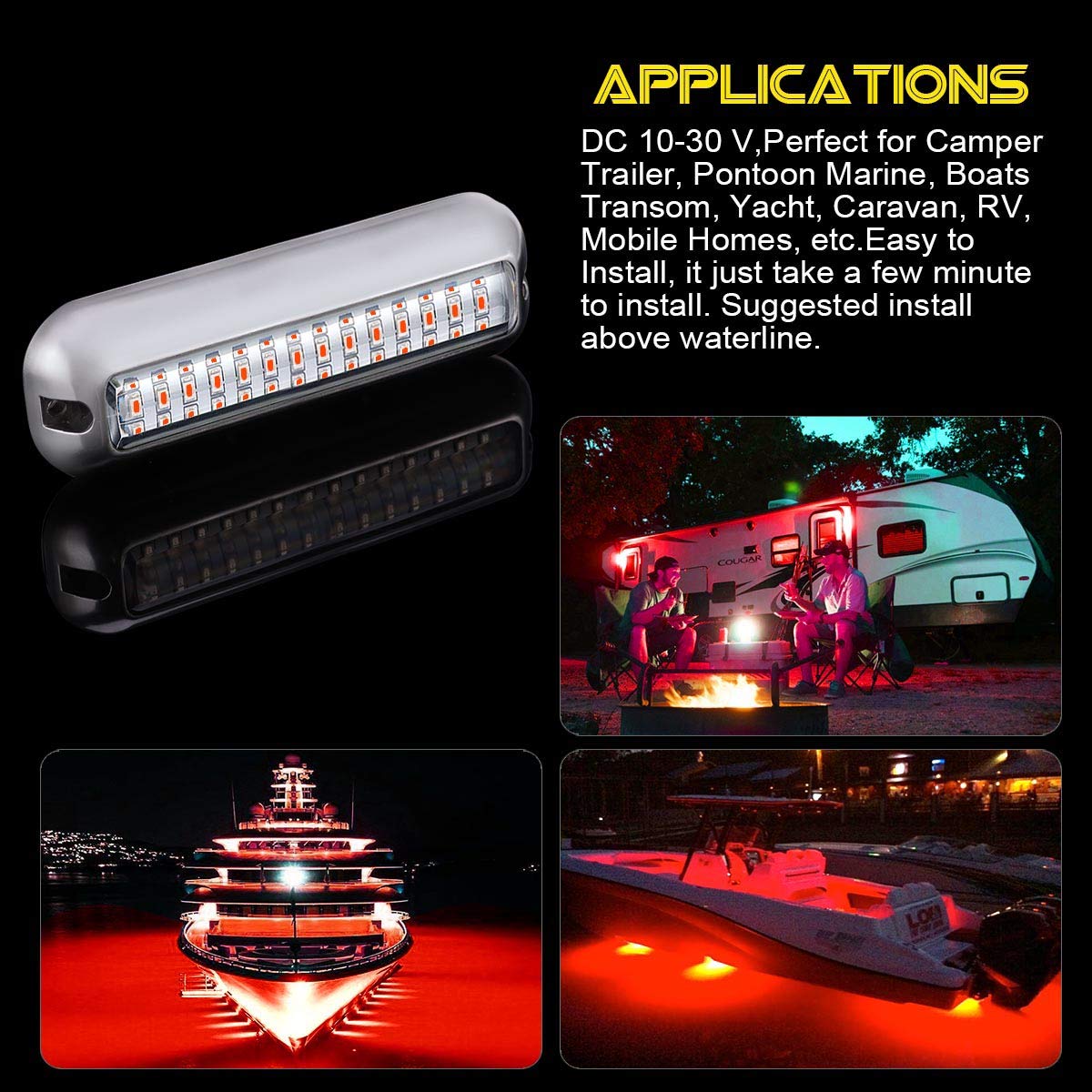 Kawell 42 LED Boat Lights Waterproof IP68 Stainless Steel Underwater Pontoon Marine Light Stern Boat Navigation Lights Drain Fish Boat Transom Lights(Red 2pcs)