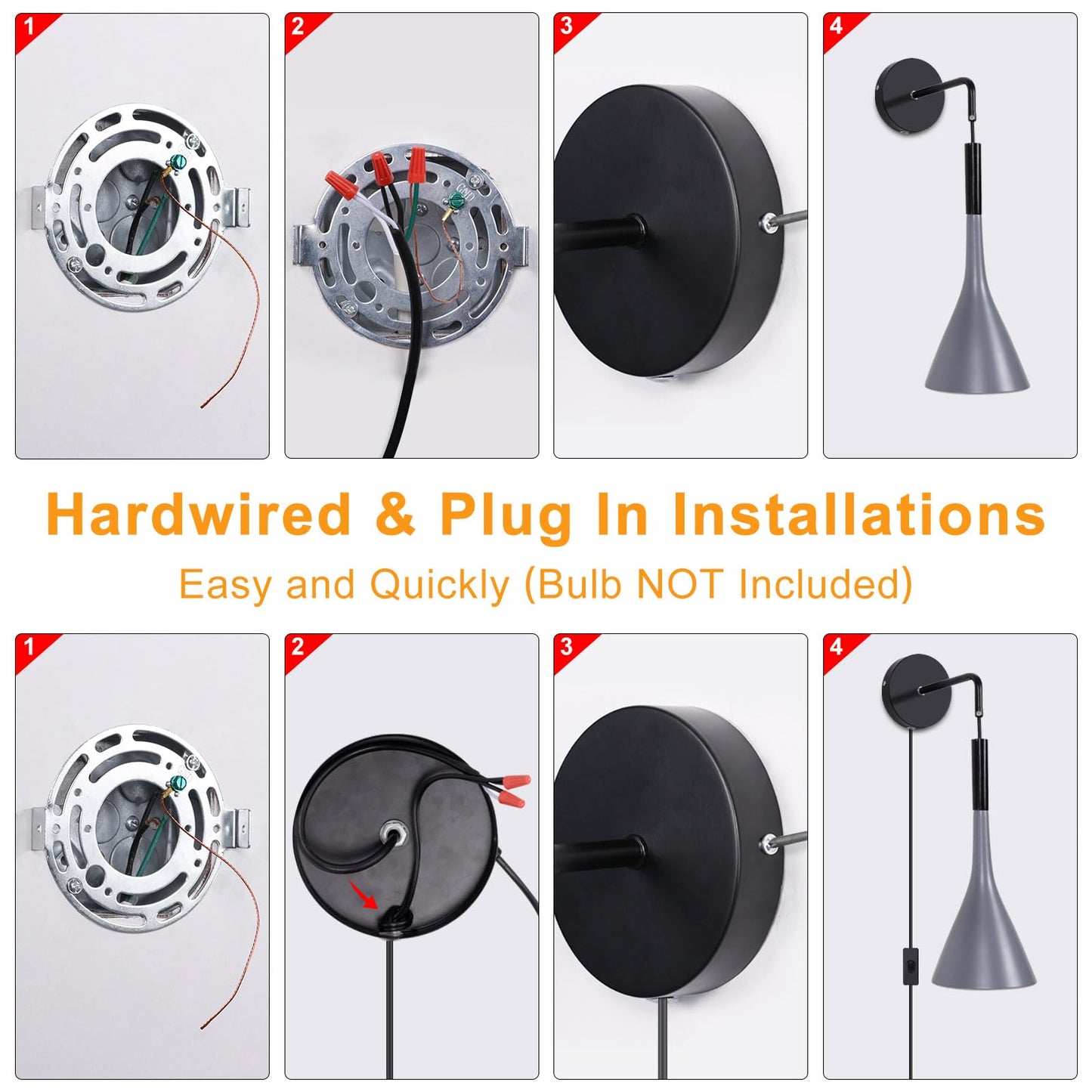 Kawell Plug in Wall Lamp with Cord Modern Hanging Wall Light Fixture Indoor Hardwired Wall Sconce Adjustable Hanging Height for Bedside Living Room Study, Grey