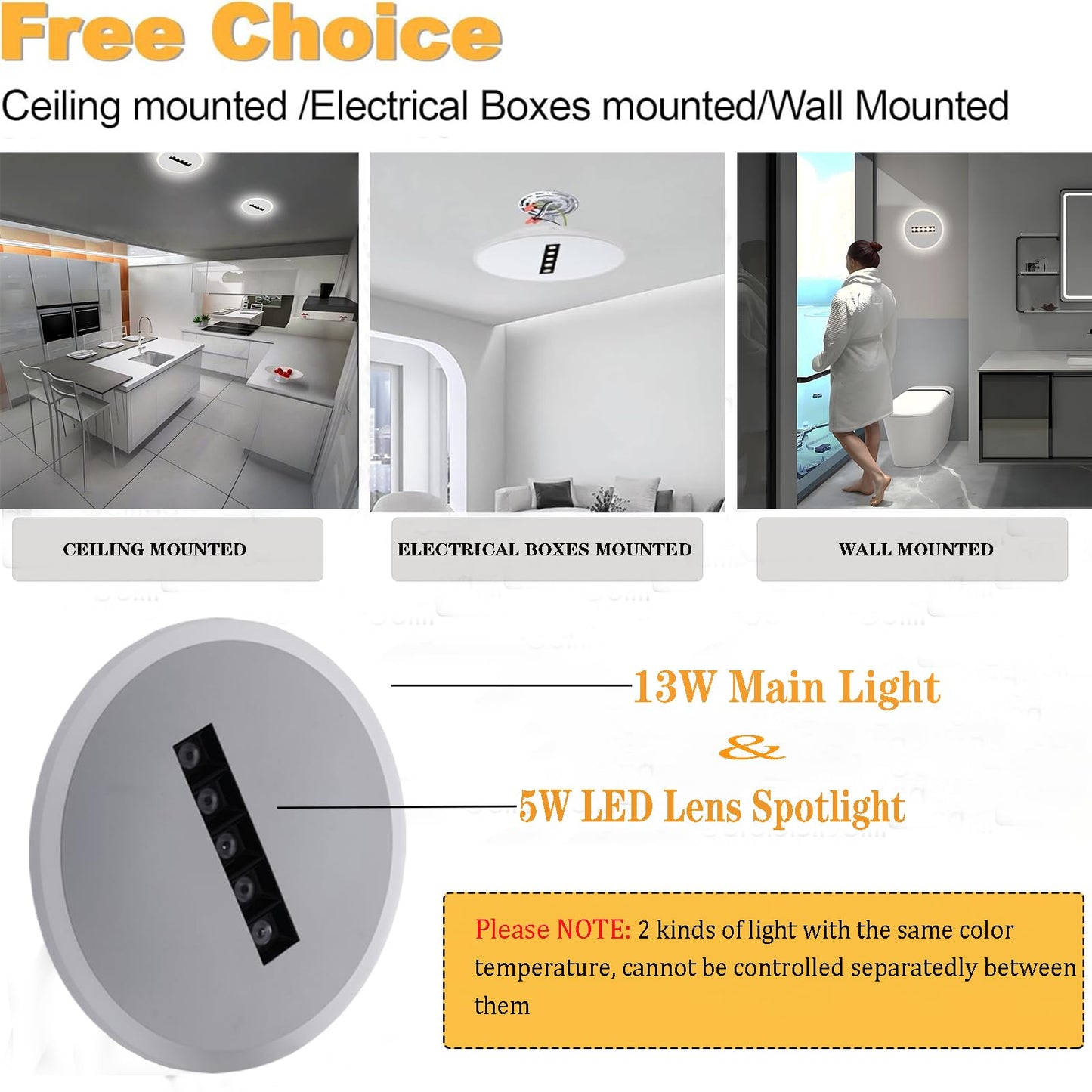 Kawell Creative 13W Close to Ceiling Light with 5W Spotlight 9.4 Inch LED Ceiling Light Hardwired Acrylic LED Ceiling Lamp Indoor for Hallway Bedroom Study Living Room, White(Cold White)