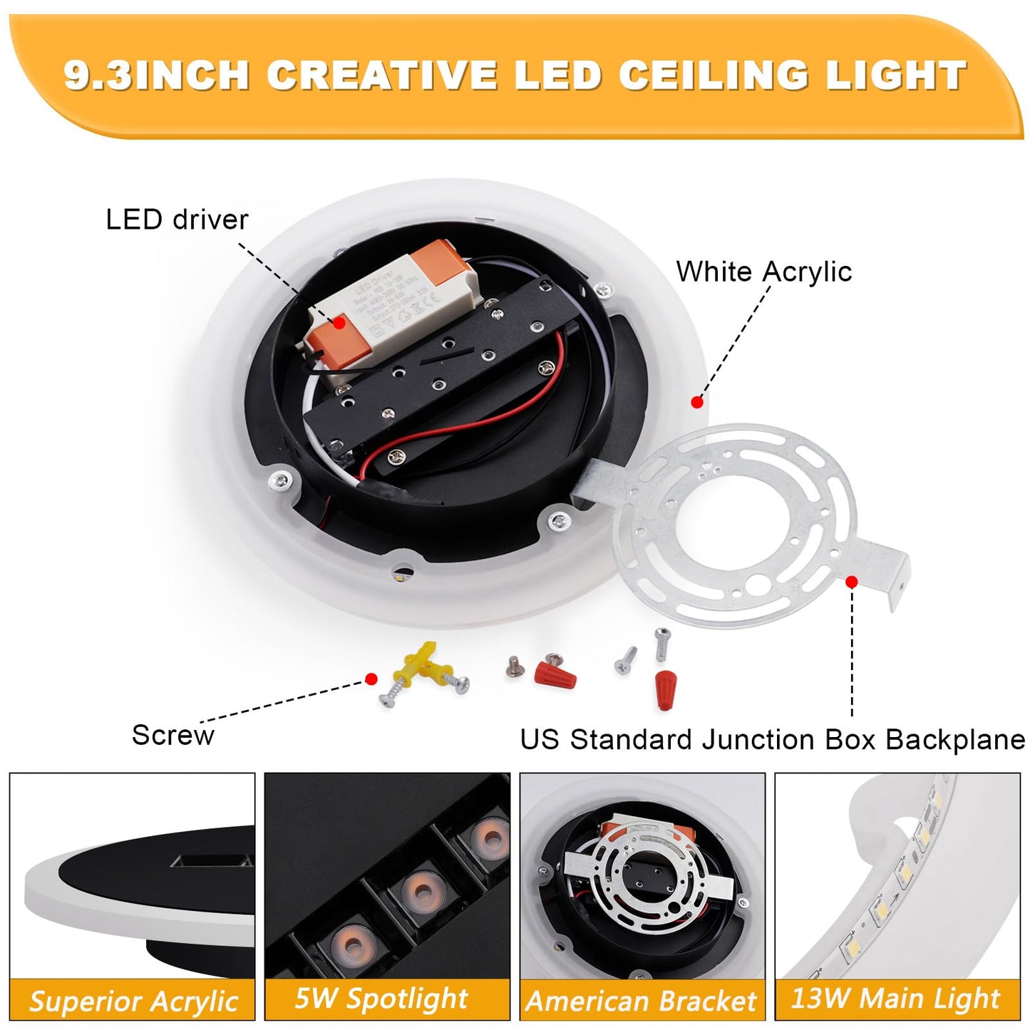 Kawell Creative 13W Close to Ceiling Light with 5W Spotlight 9.4 Inch LED Ceiling Light Hardwired Acrylic LED Ceiling Lamp Indoor for Hallway Bedroom Study Living Room, Black(Cold White)