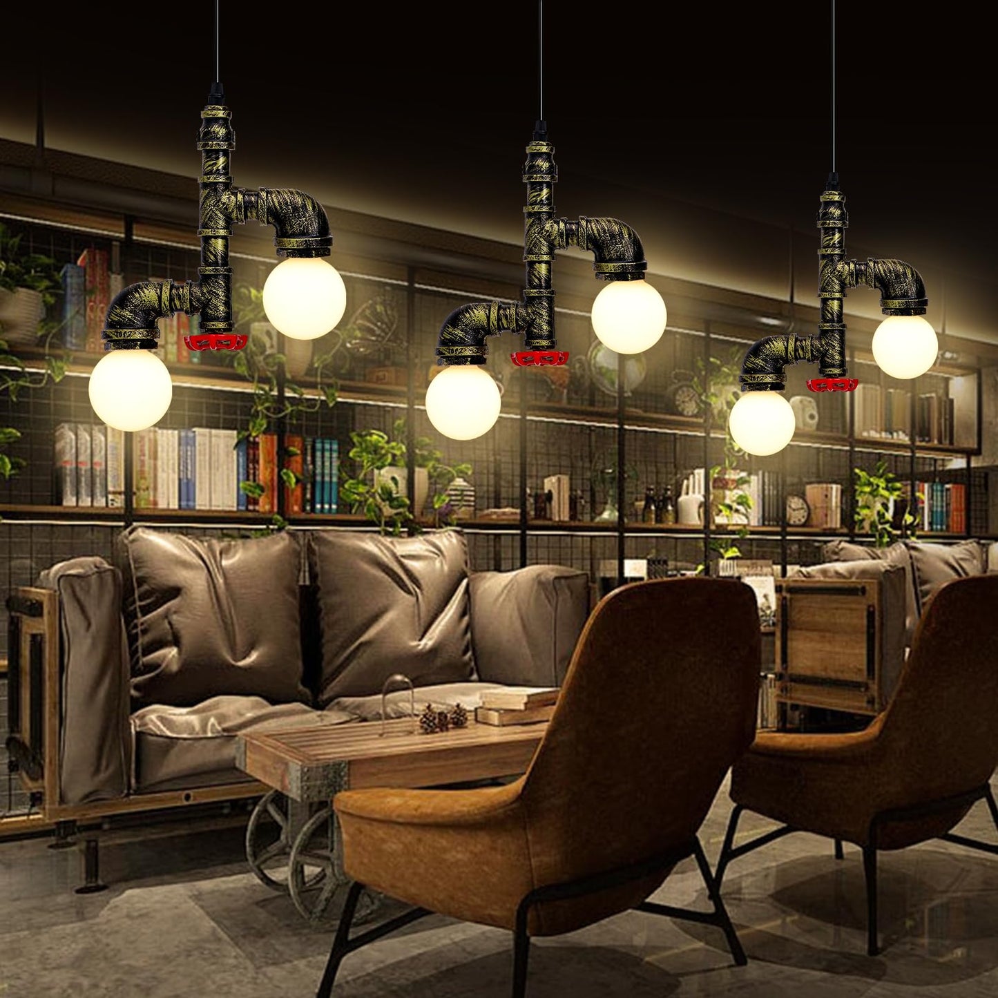 Kawell Vintage Pendant Light Fixtures Industrial Retro Ceiling Chandelier Creative Water Pipe Hanging Light Fixtures Art Deco Iron E26 60W Max for Bedroom Cafe Bar Restaurant Kitchen, Bronze Color