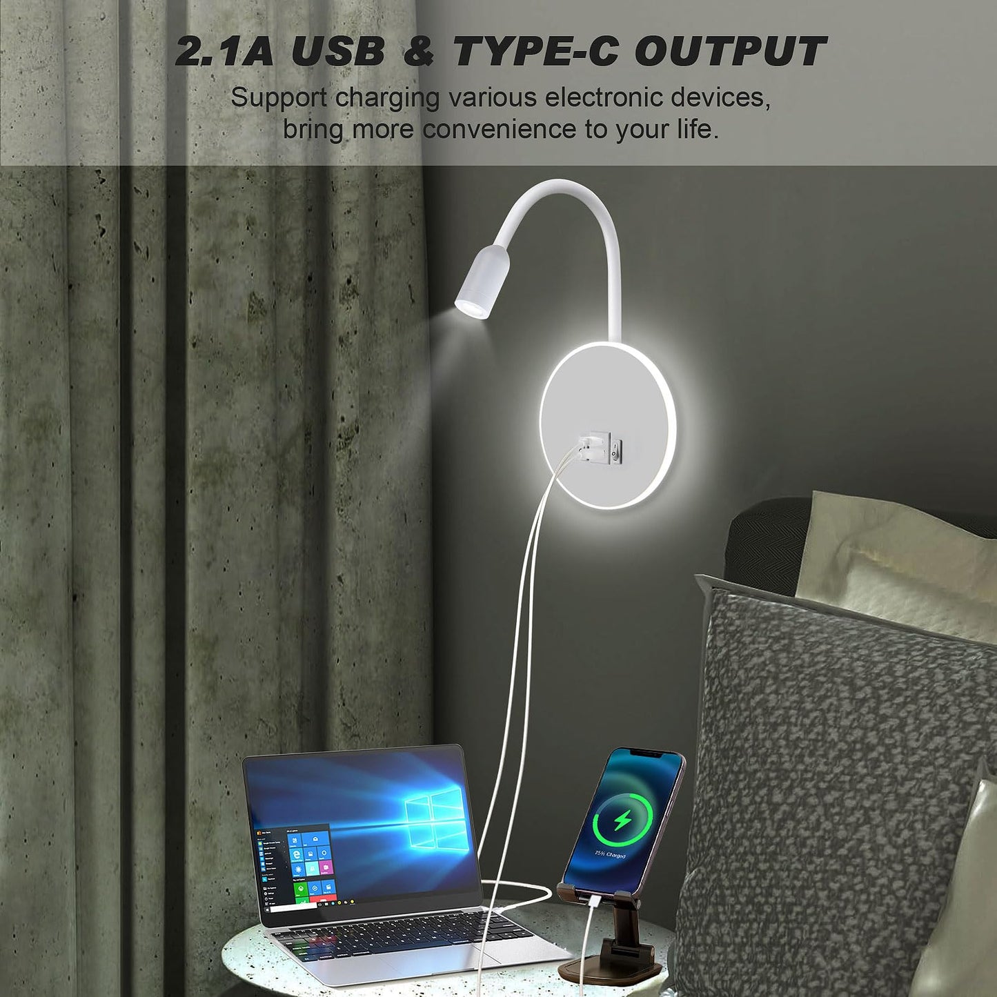 Kawell Modern LED Wall Sconce with Switch Swivel Bedside Reading Spotlight Hardwired 9W+3W LED Wall Light with USB & Type-C Ports Indoor for Bedroom Study Living Room, White
