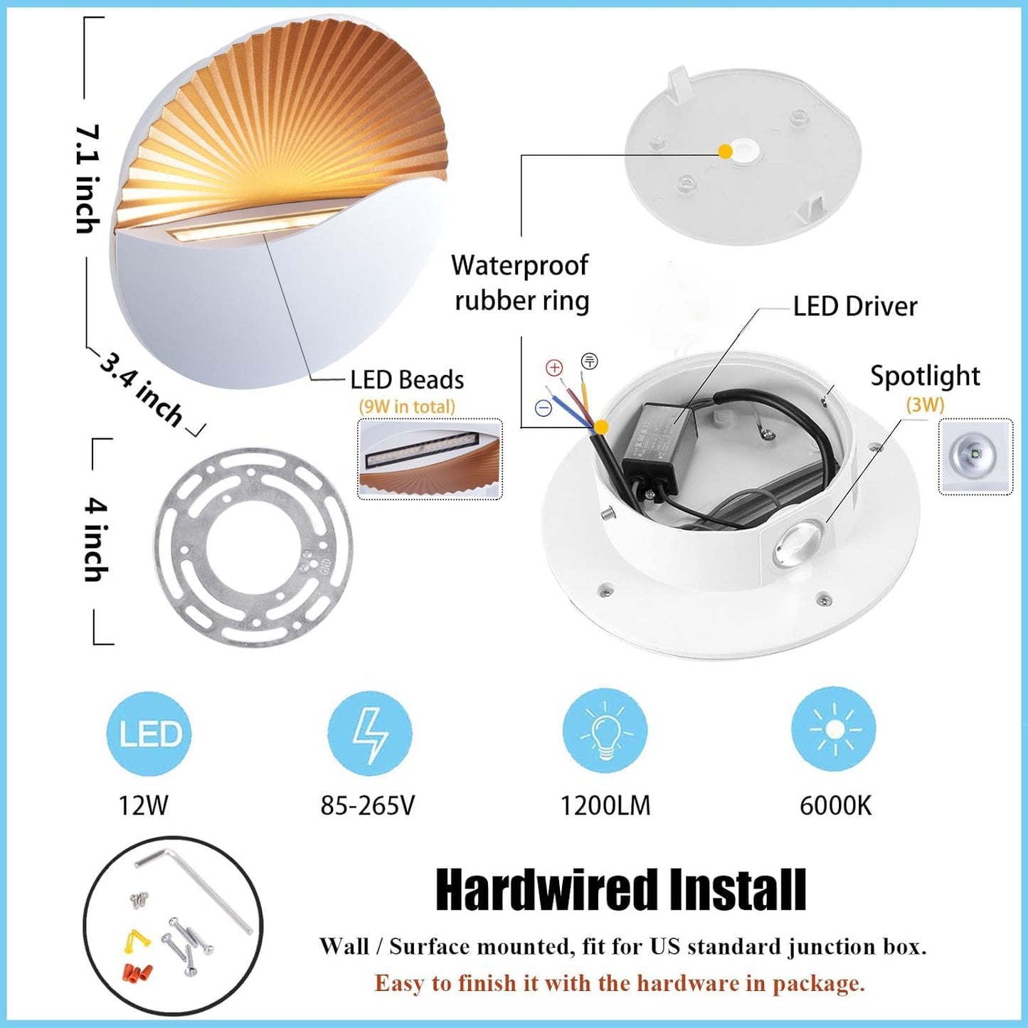 Kawell Modern Creative 12W LED Wall Sconce Waterproof LED Wall Light Indoor Outdoor Wall Lamp LED Sunrise Effect Art Deco for Bedroom Living Room Bathroom Cafe Lounge Corridor Stairs,White 3000K