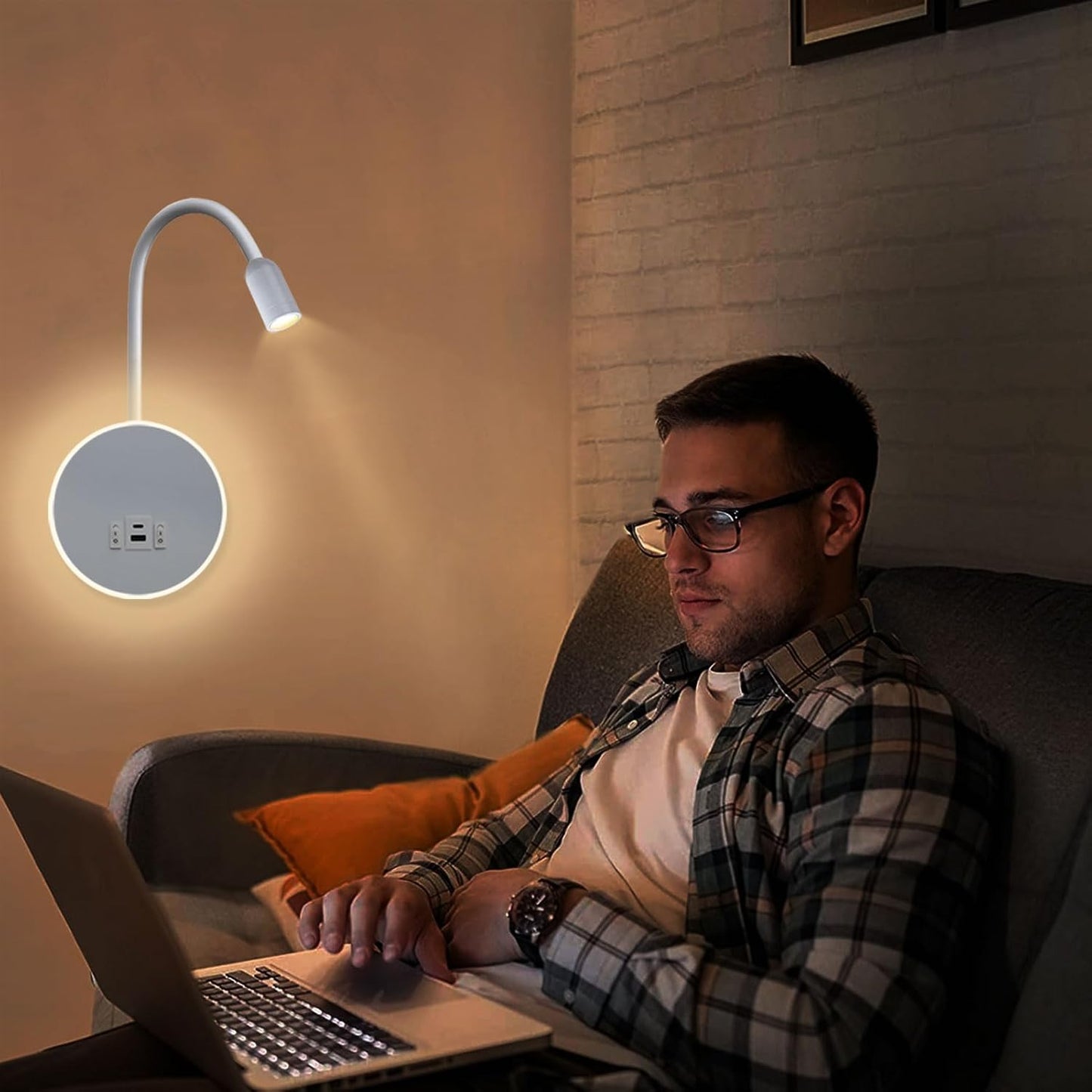 Kawell 9W LED Wall Sconce with USB & Type-C Ports 3W Wall Mounted Reading Light with Switch Hardwired Rotatable Spotlight Indoor for Bedroom Study Living Room, White(Warm White)