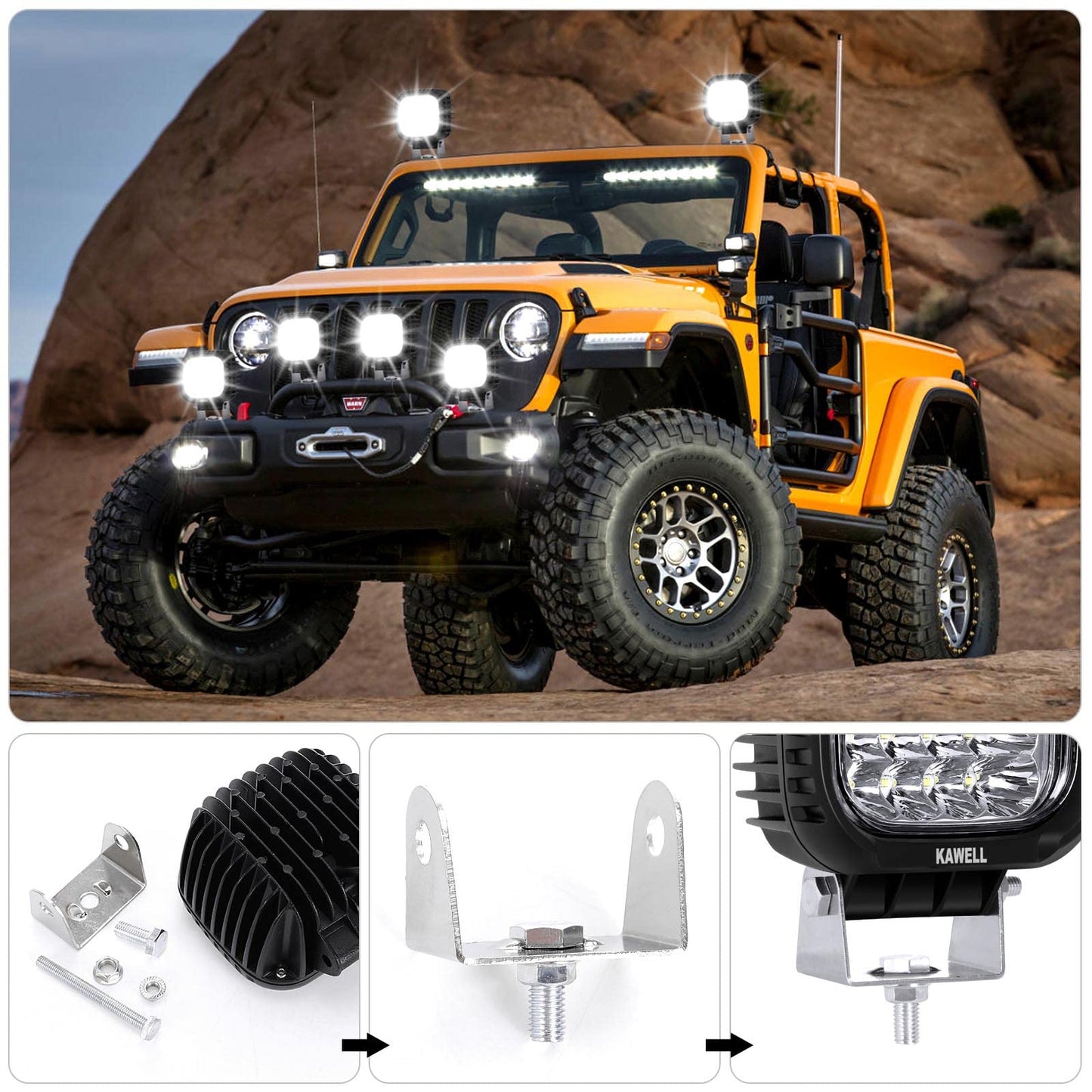 Kawell 48W LED Driving Light Add-On Fog Light 6000K Spotlight LED Light Pods IP67 Waterproof LED Work Light for Off Road Motorcycle ATV UTV 4X4 SUV Truck Tractor Boat