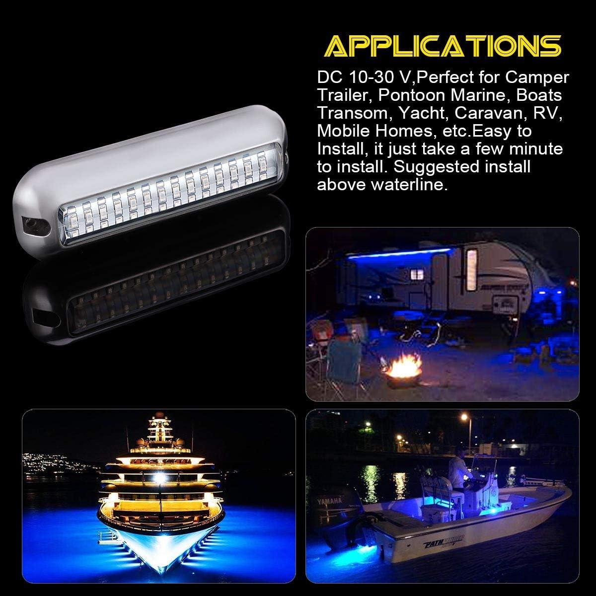 Kawell 42 LED Boat Lights Waterproof IP68 Stainless Steel Underwater Pontoon Marine Light Stern Boat Navigation Lights Drain Fish Boat Transom Lights(Blue)