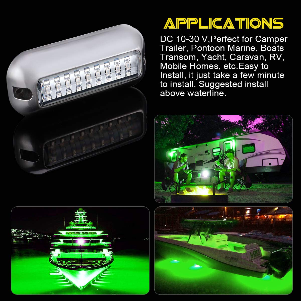 Kawell 27 LED LED Underwater Boat Yacht Lights Waterproof IP68 SUS316 Stainless Steel Pontoon Marine Transom Lights for Swiming Driving Fishing 2pcs Green Lights