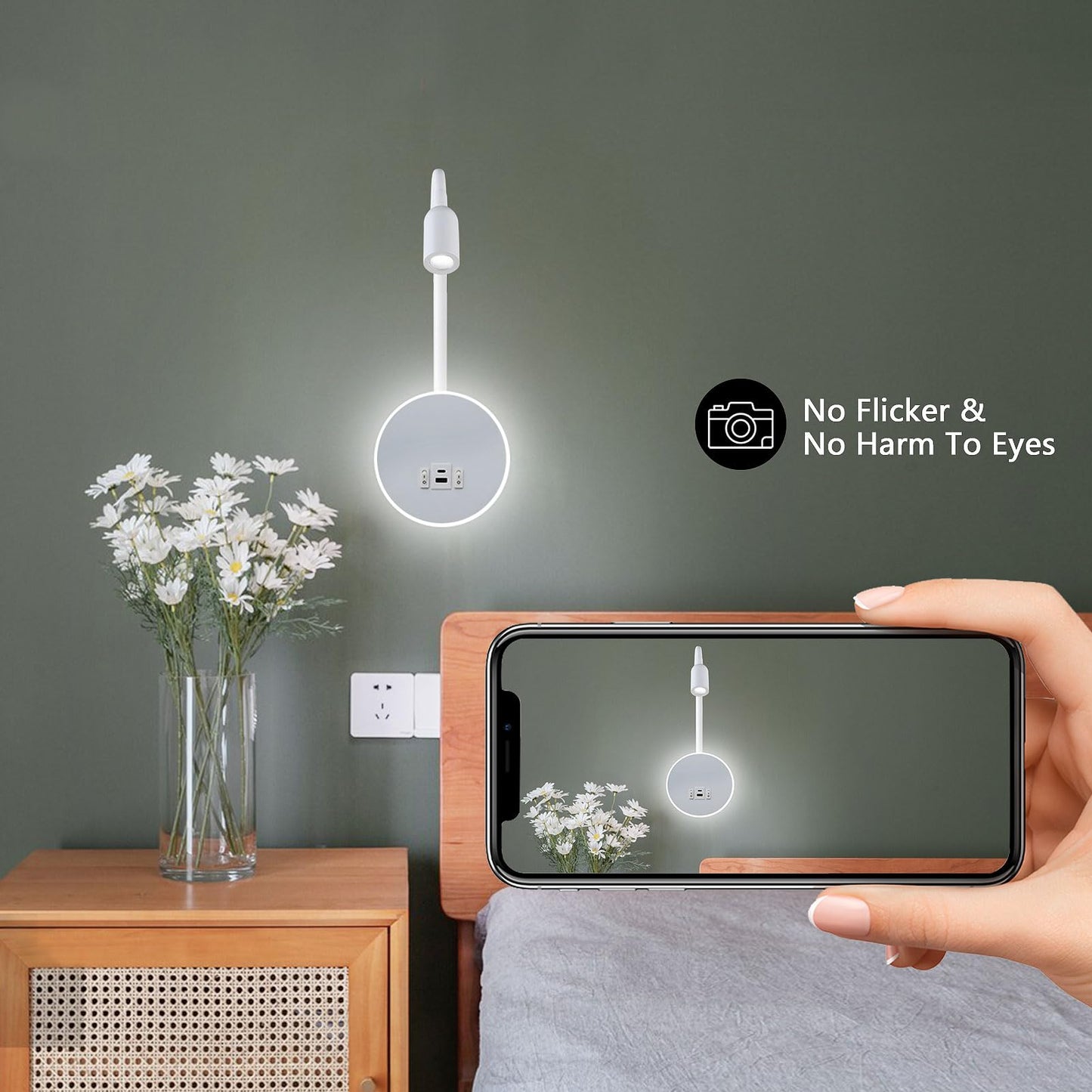 Kawell Modern LED Wall Sconce with Switch Swivel Bedside Reading Spotlight Hardwired 9W+3W LED Wall Light with USB & Type-C Ports Indoor for Bedroom Study Living Room, White