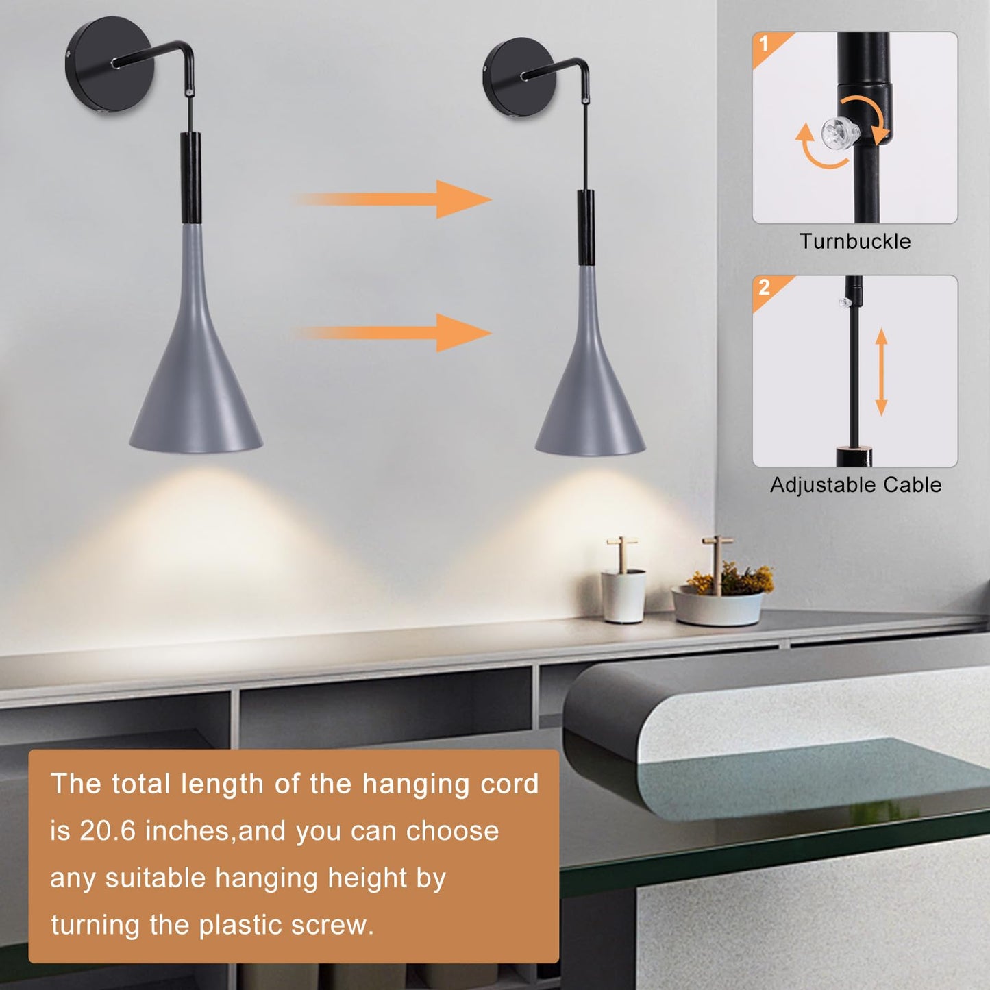 Kawell Plug in Wall Lamp with Cord Modern Hanging Wall Light Fixture Indoor Hardwired Wall Sconce Adjustable Hanging Height for Bedside Living Room Study, Grey