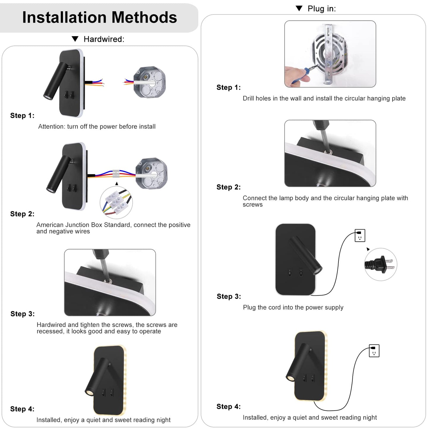 Kawell Modern 2 in 1 8W LED Wall Sconces Indoor LED Wall Light with Switch 350 Swivel 3W LED Reading Wall Spotlight LED Wall Lamp for Bedroom Bedside Living Room Study Room, Black 3000K