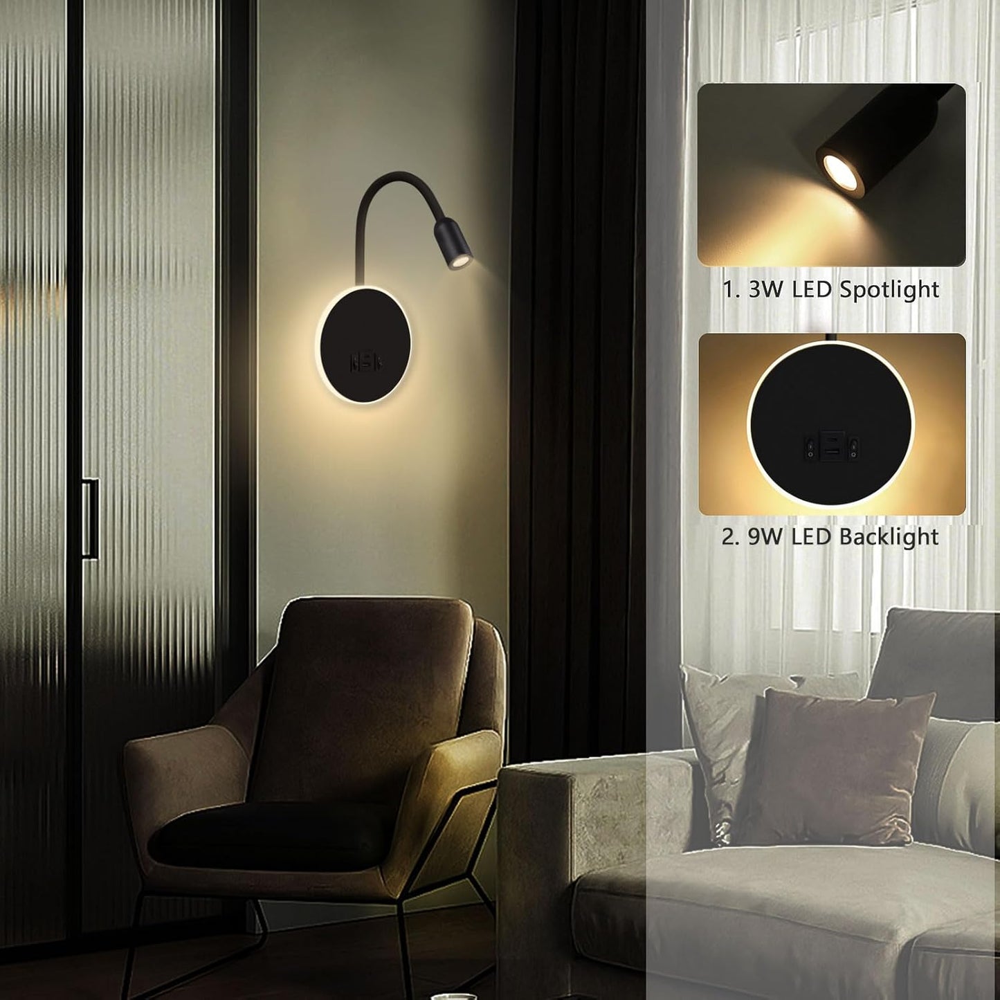 Kawell 9W LED Wall Sconce with USB & Type-C Ports 3W Wall Mounted Reading Light with Switch Hardwired Rotatable Spotlight Indoor for Bedroom Study Living Room, Black(Warm White)