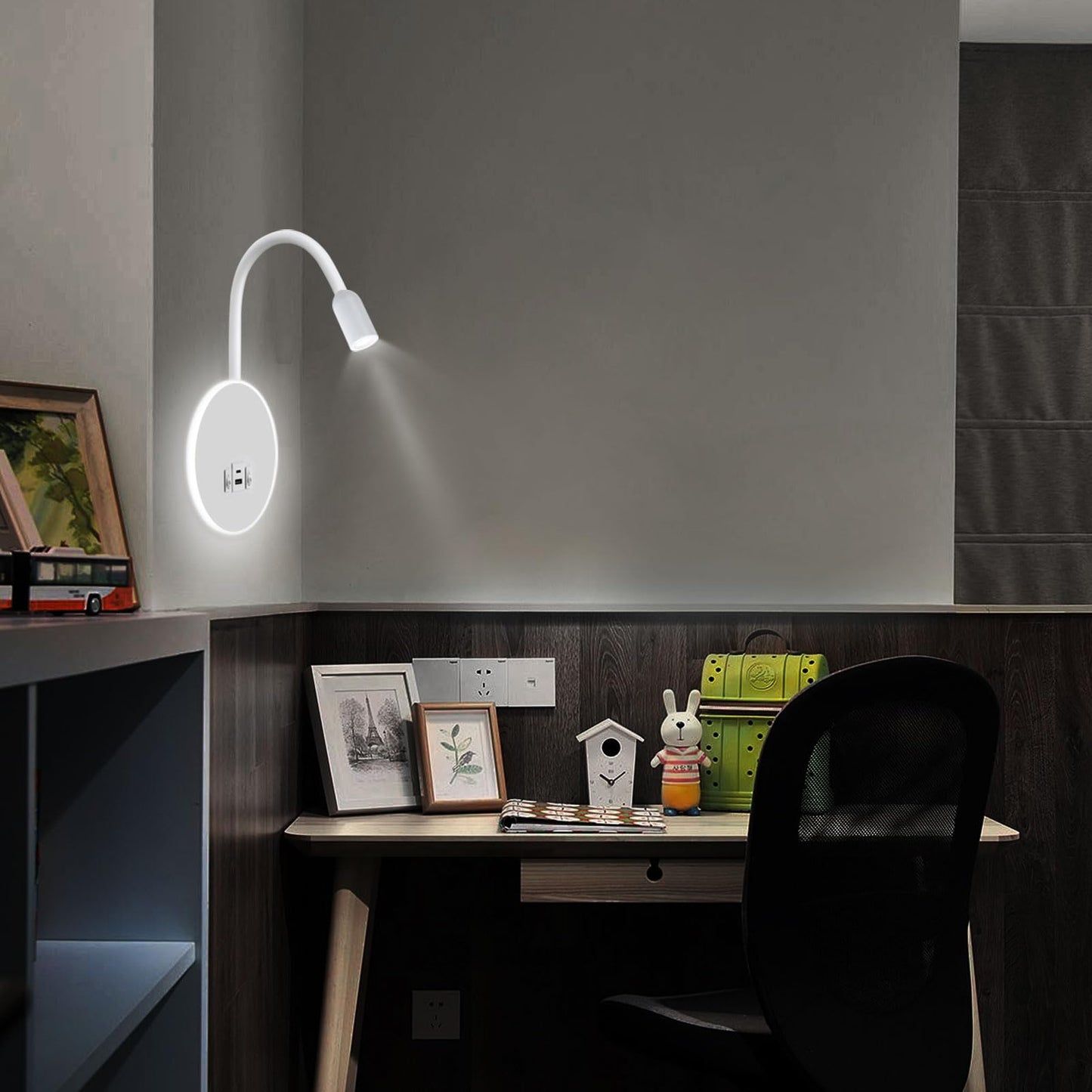 Kawell Modern LED Wall Sconce with Switch Swivel Bedside Reading Spotlight Hardwired 9W+3W LED Wall Light with USB & Type-C Ports Indoor for Bedroom Study Living Room, White