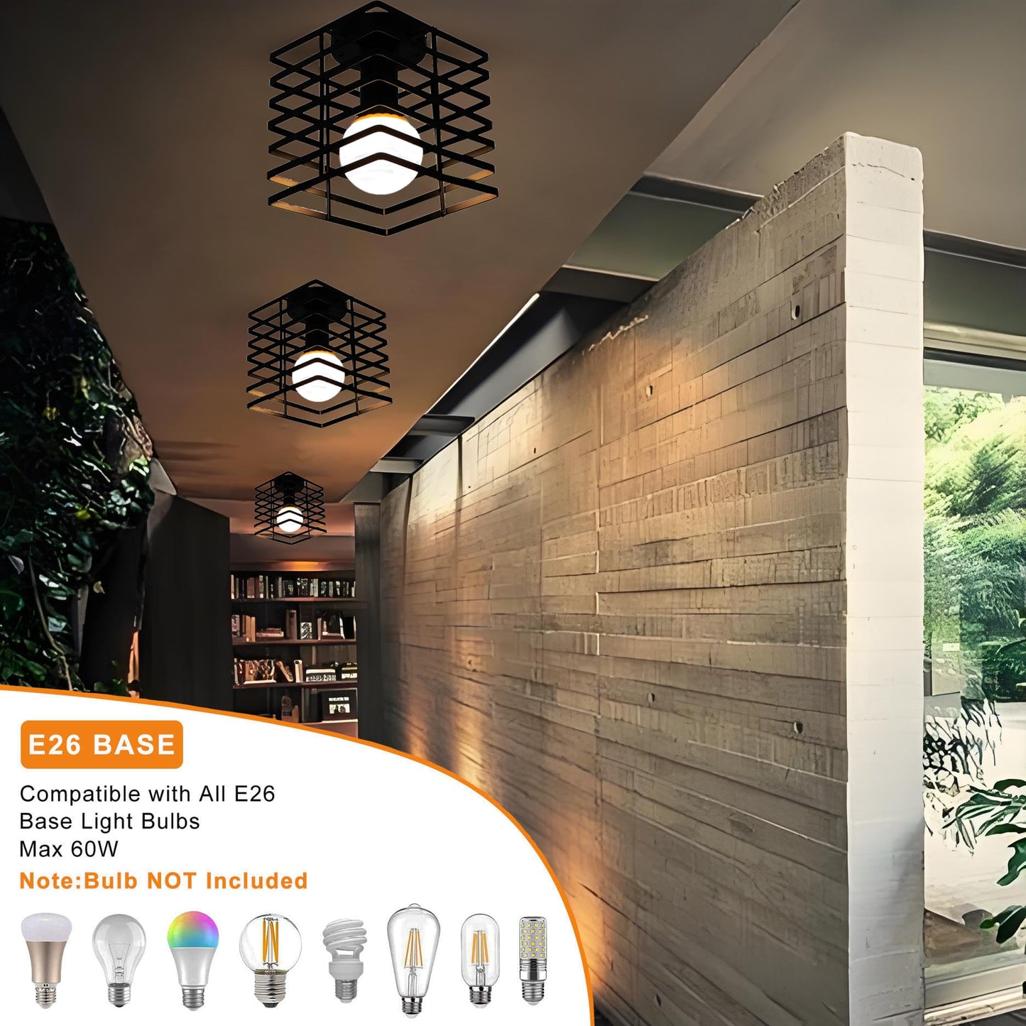 Kawell Industrial Close to Ceiling Light Fixture Black Retro Ceiling Light Flush Mount Indoor Ceiling Chandelier Light Hardwired for Hallway Living Room Bedroom Kitchen Farmhouse, Square