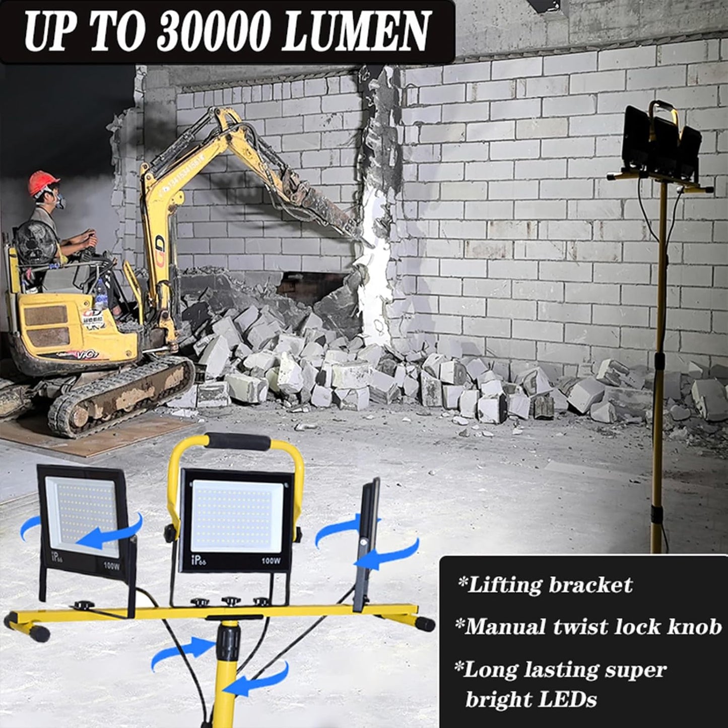 KAWELL 30000LM Industrial LED Work Light with Stand Waterproof LED Hanging Work Lights with 16.4Ft Cord Portable Adjustable Job Site Lighting Indoor Outdoor for Workshop Garage Warehouse Camp, 6500K