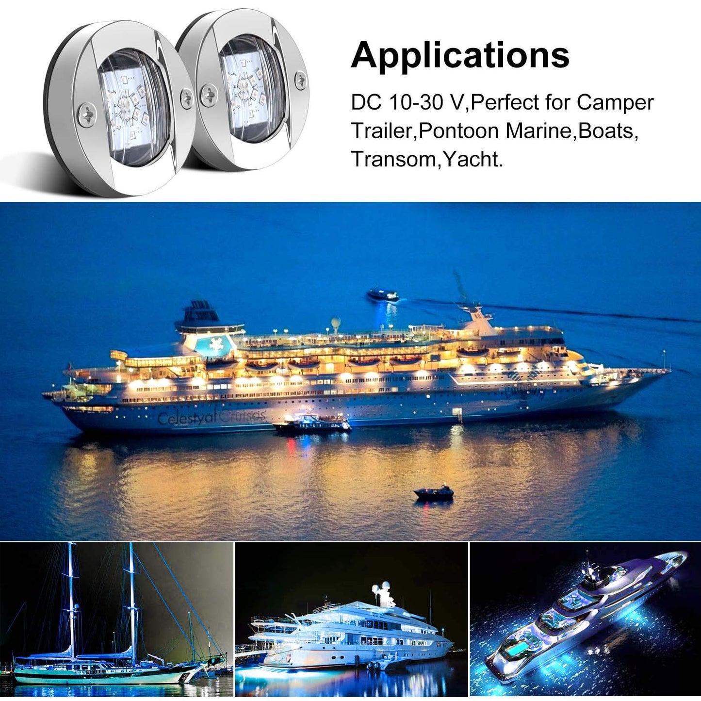 Kawell 2pcs Waterproof Boat Transom Light Underwater Yacht Light Round Boat LED Lights Interior Yacht Deck light Stainless Steel Yacht LED Pontoon Light Boat Navigation Light