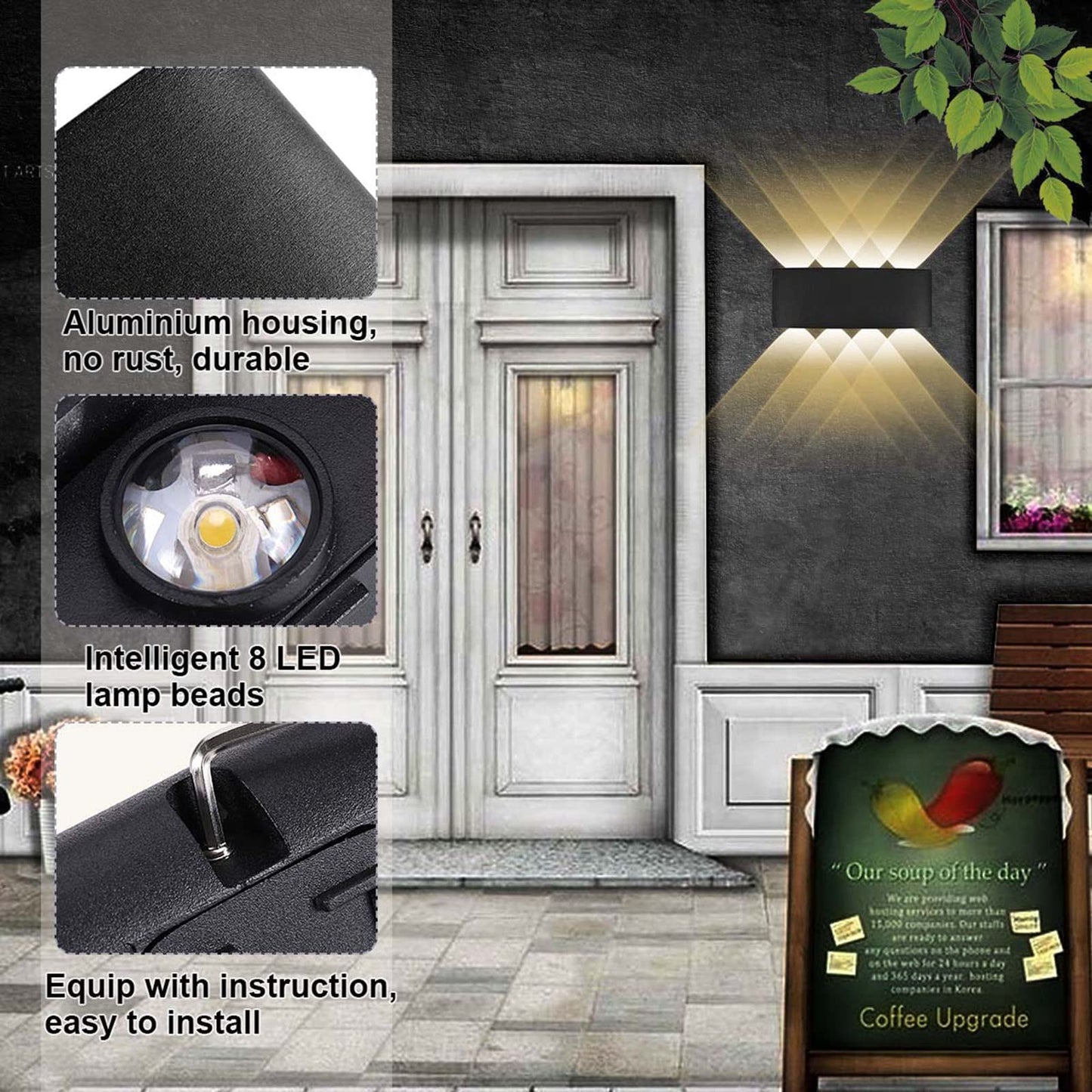 Kawell 8W Waterproof Modern Wall Light LED Wall Lamp Aluminum LED Wall Sconce Up Down Indoor Outdoor for Bathroom Bedroom Hallway Porch Corridor Hotel Doorway Garden Pathway, Black 3000K