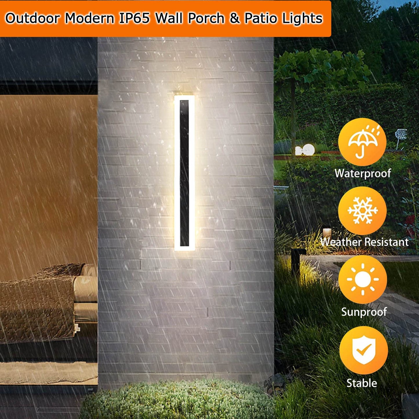 Kawell 15W Waterproof LED Wall Light with Plug in Cord Long Strip Acrylic LED Wall Lamp with Switch Indoor Outdoor for Porch Patio Garage Courtyard Exterior Wall Bedroom Living Room Hallway