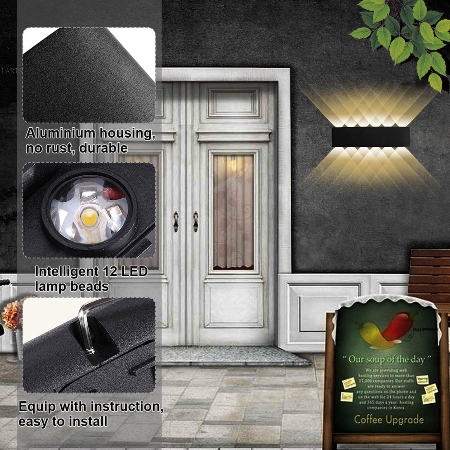 Kawell 12W Waterproof Modern Wall Light LED Wall Lamp Aluminum LED Wall Sconce Up Down Indoor Outdoor for Bedroom Bathroom Hallway Porch Corridor Hotel Doorway Garden Pathway, Black 3000K