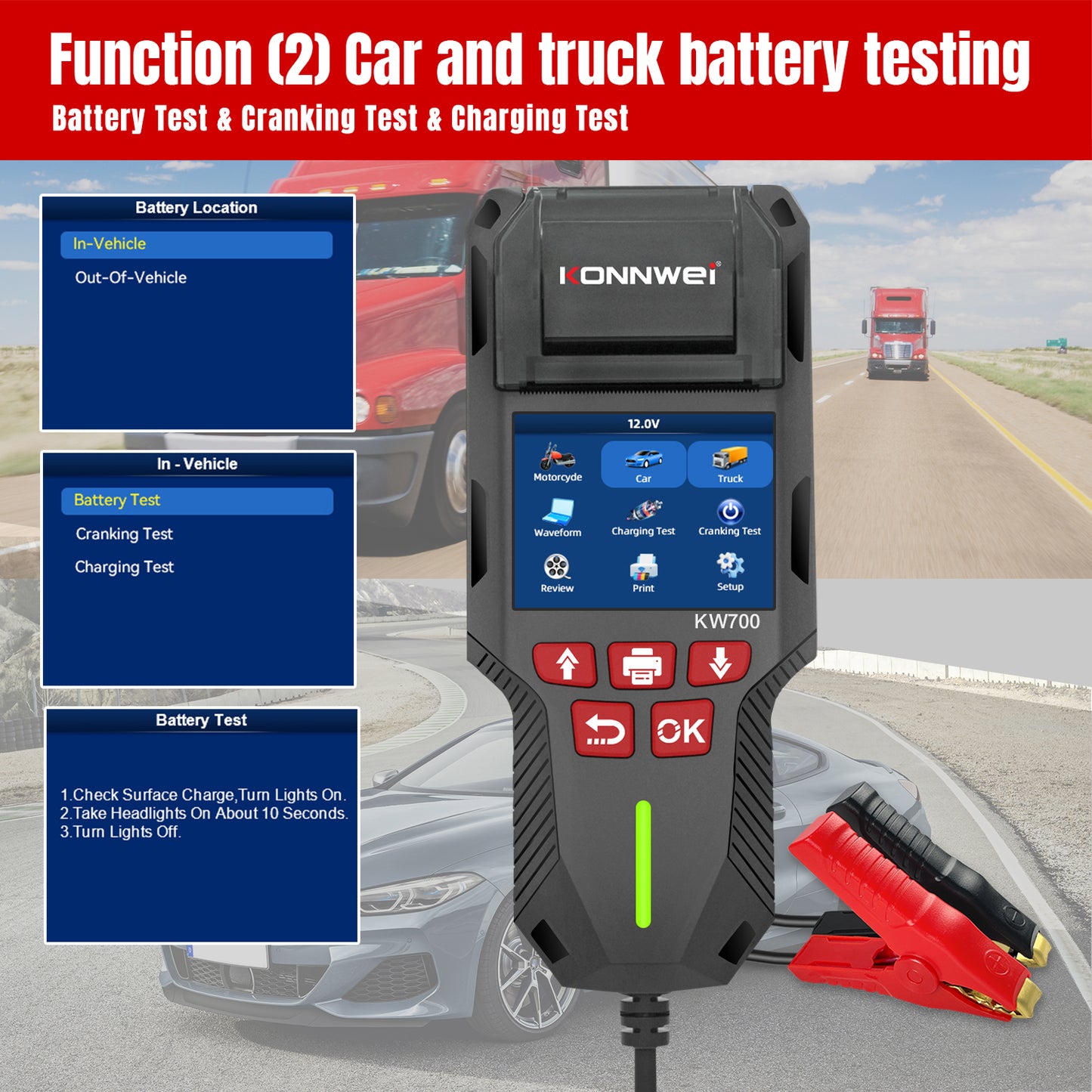 KONNWEI KW700 Battery Tester with Thermal Printer | 6V 12V 24V All-in-One Diagnostic Tool