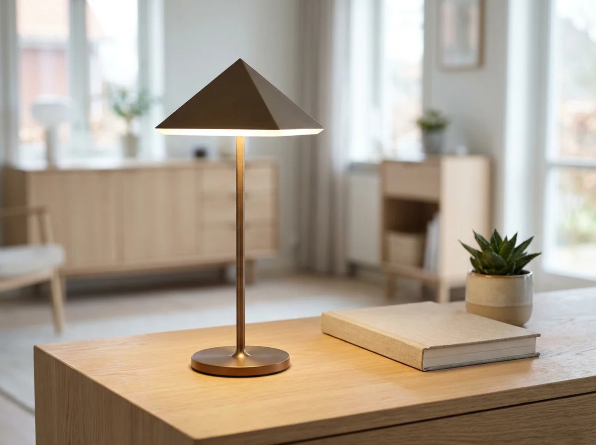 Slim Nordic rechargeable table lamp on wooden desk beside book and plant Scandinavian interior