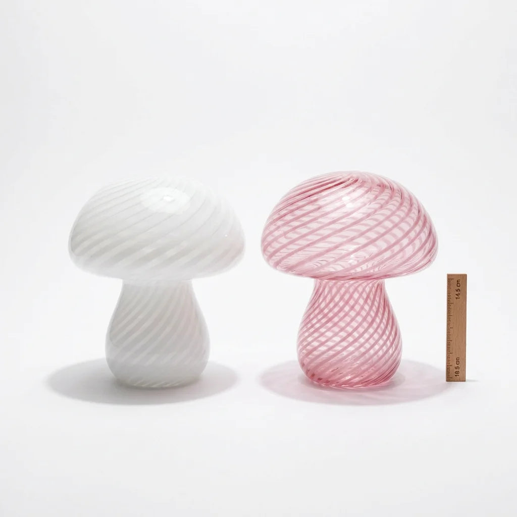 White and pink glass mushroom lamps size comparison 14.5cm wide 18.5cm tall