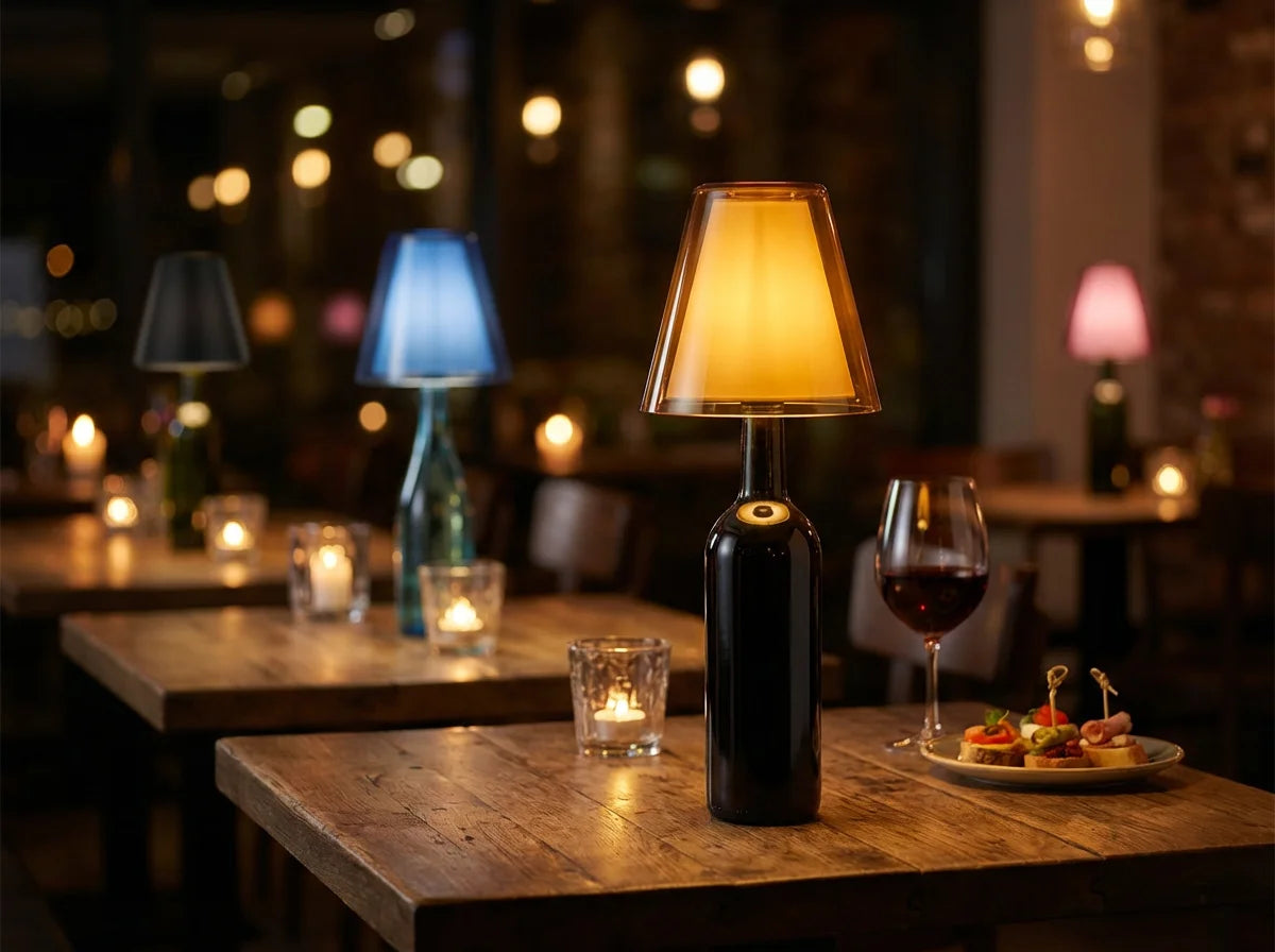 Bottle lamp glowing warm amber light on restaurant dining table with wine glass