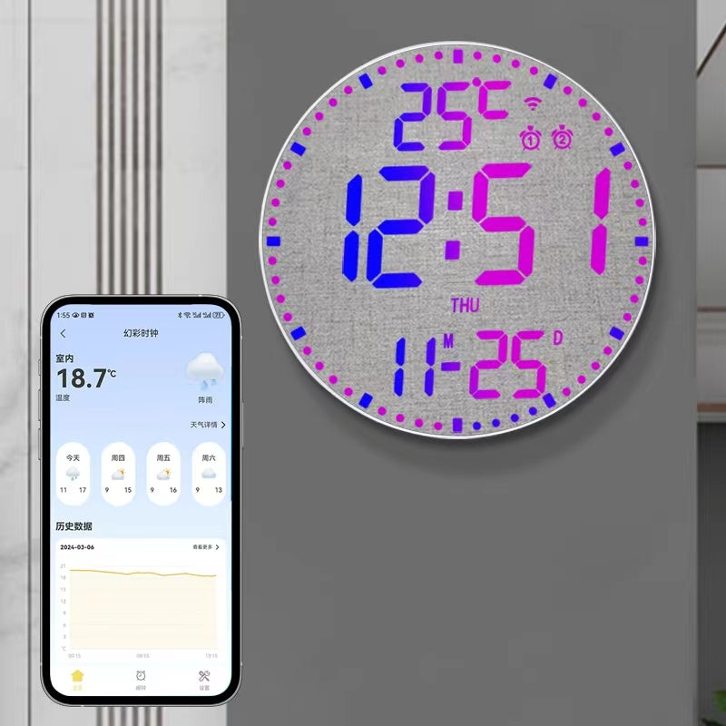 WiFi App-Controlled LED Digital Wall Clock RGB Light Round Living Room Bedroom