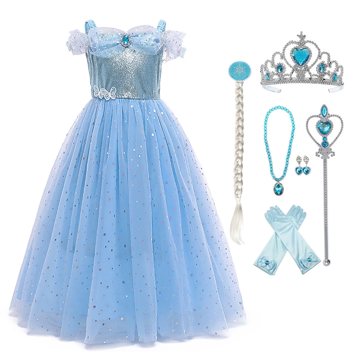 KAWELL Toddler Girls' Princess Dress Costume, Blue Sparkle Tulle Gown for Christmas, Halloween, Birthday Party, Ages 3-10T