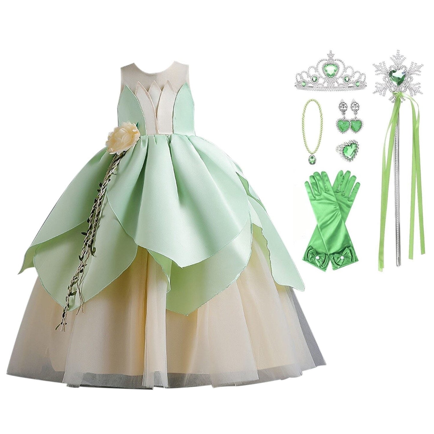 KAWELL Princess Tiana Costume for Girls Birthday Halloween Dress Up Outfits