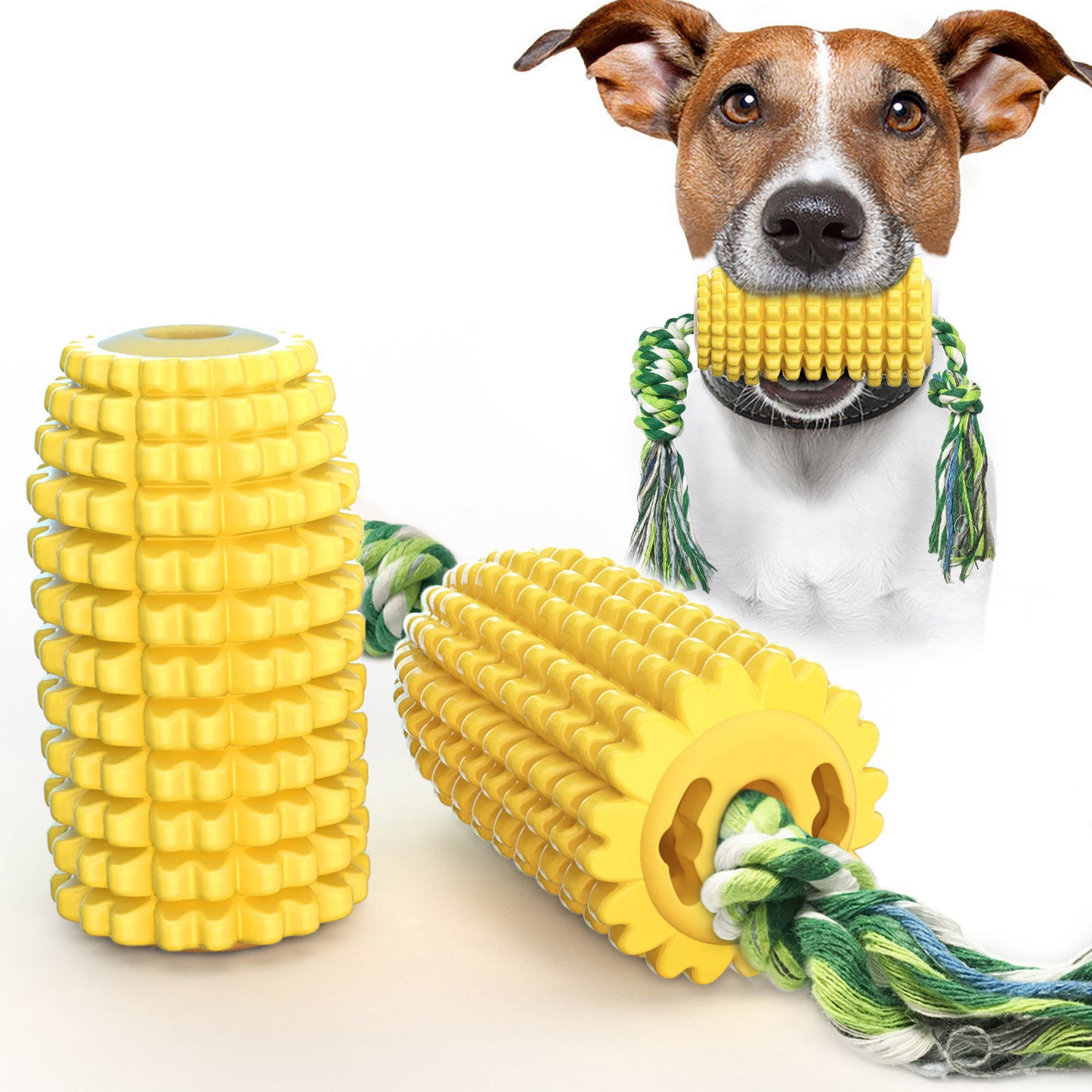 Squeaky Corn Dog Toy | TPR Teeth Grinding Stick, Toothbrush & Cotton Rope Toy for Cats & Dogs