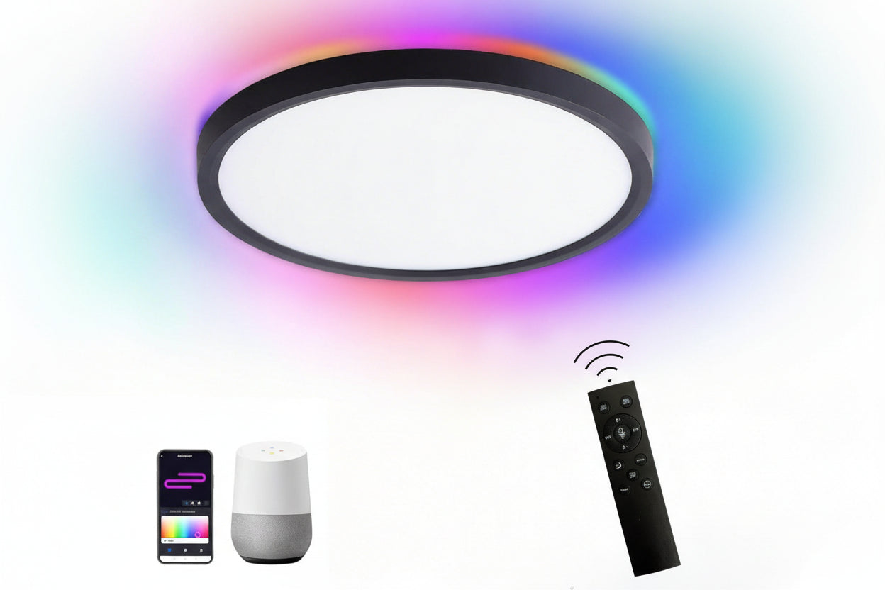 KAWELL Smart LED Ceiling Light – RGB Backlight + 3-Color Dimming, Ultra-Thin Round Panel, 24W, Infrared & WiFi Control (White/Black Frame)