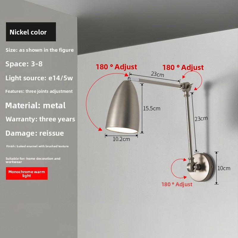 KAWELL Adjustable Swing Arm Wall Lamp - Modern Telescopic Reading Light with Rotating Bracket for Bedroom, Study & Living Room