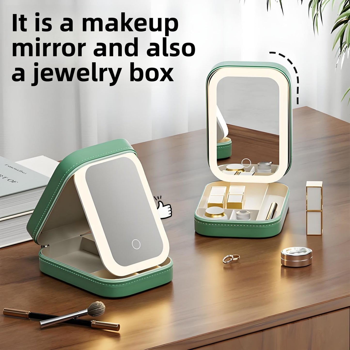 LED Makeup Mirror with Jewelry Storage Box — Smart Touch Tri-Color Lighting | Portable Vanity Mirror