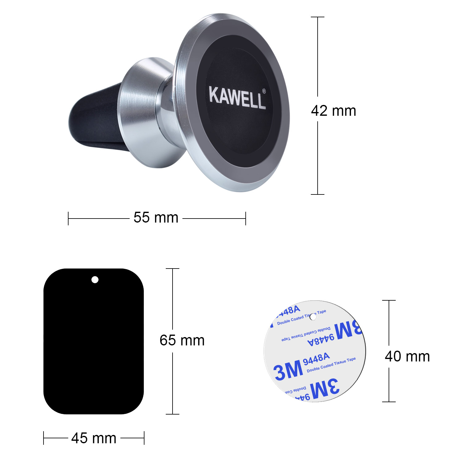 KAWELL Universal Magnetic Phone Car Mount, Aluminum Air Vent Cell Phone Holder, 360 Degree Adjustable for iPhone, Samsung, Nexus other Smart Phone and GPS Etc. (Aluminum Silver) 